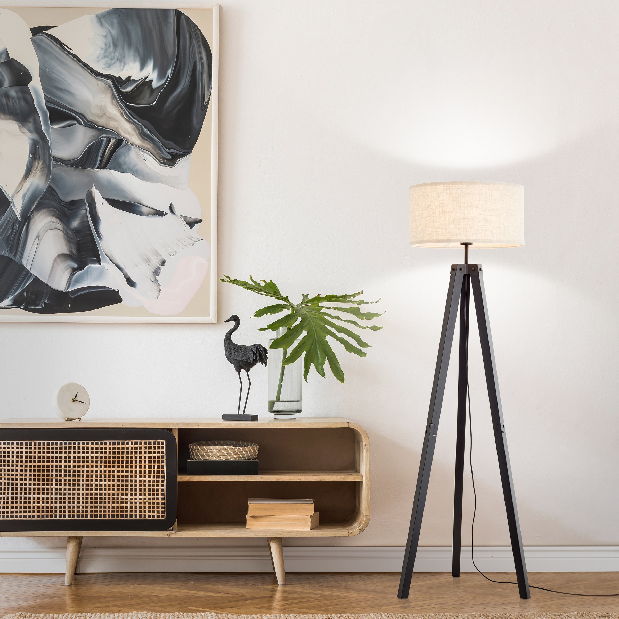 Brilliant Stehlampe »Holbrook«, 1 flammig, Leuchtmittel E27 | ohne Leuchtmittel, 148 x 51 cm, Dreibein, 1 x E27, Holz/Textil, schwarz/beige