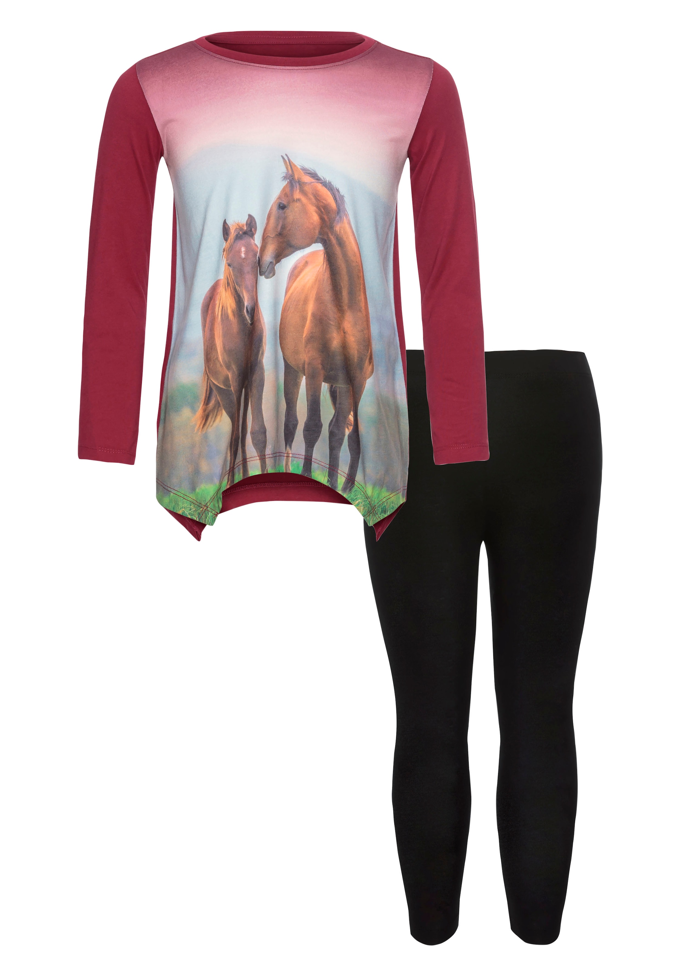 KIDSWORLD Langarmshirt & Leggings »2tlg. Set Shirt + Leggings mit Pferde-Motiv - NEUE FARBE dazukommen«, süßes Fotomotiv