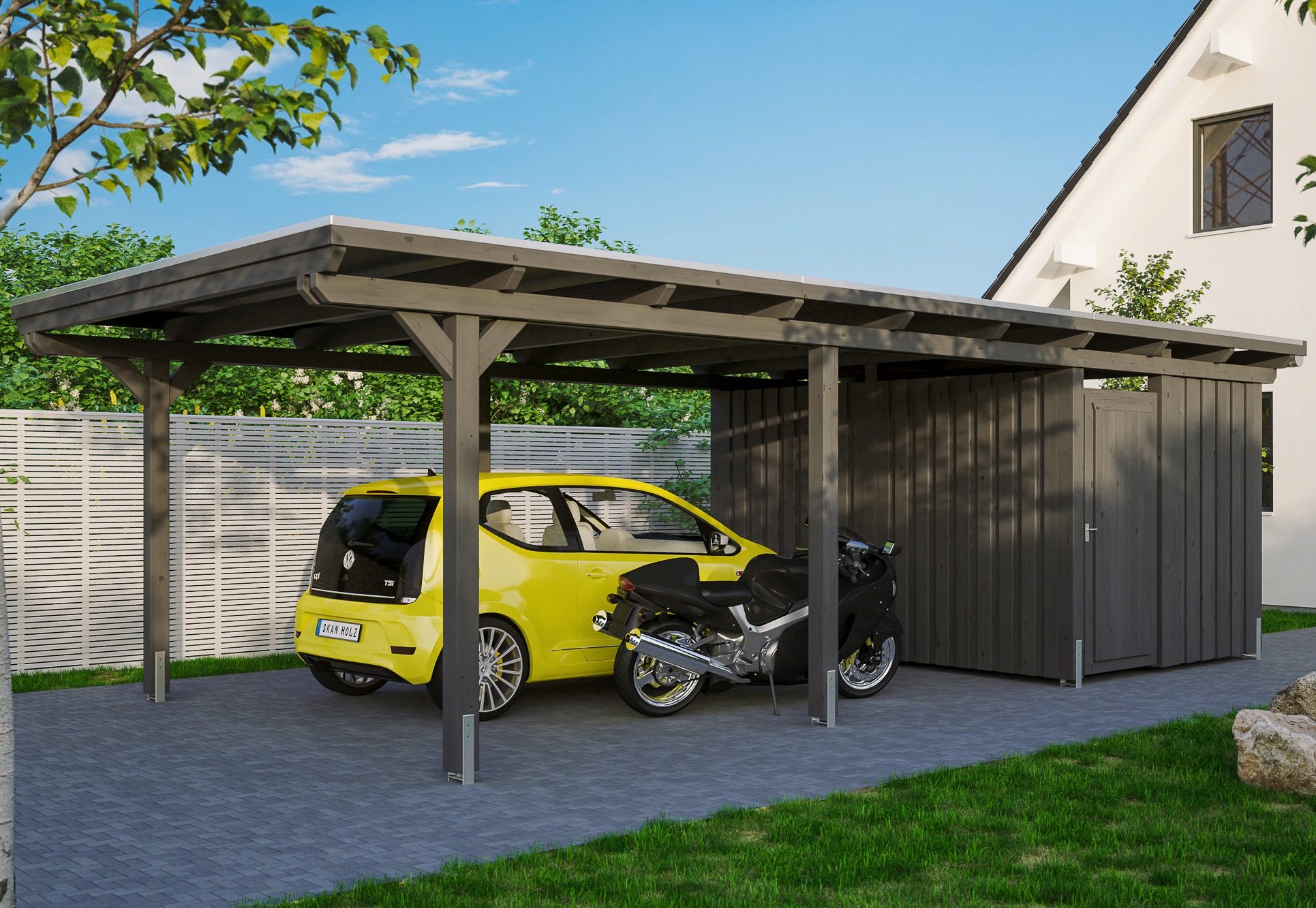 Skan Holz Carport Emsland 404 cm x 846 cm mit Abstellraum Schiefergrau günstig online kaufen