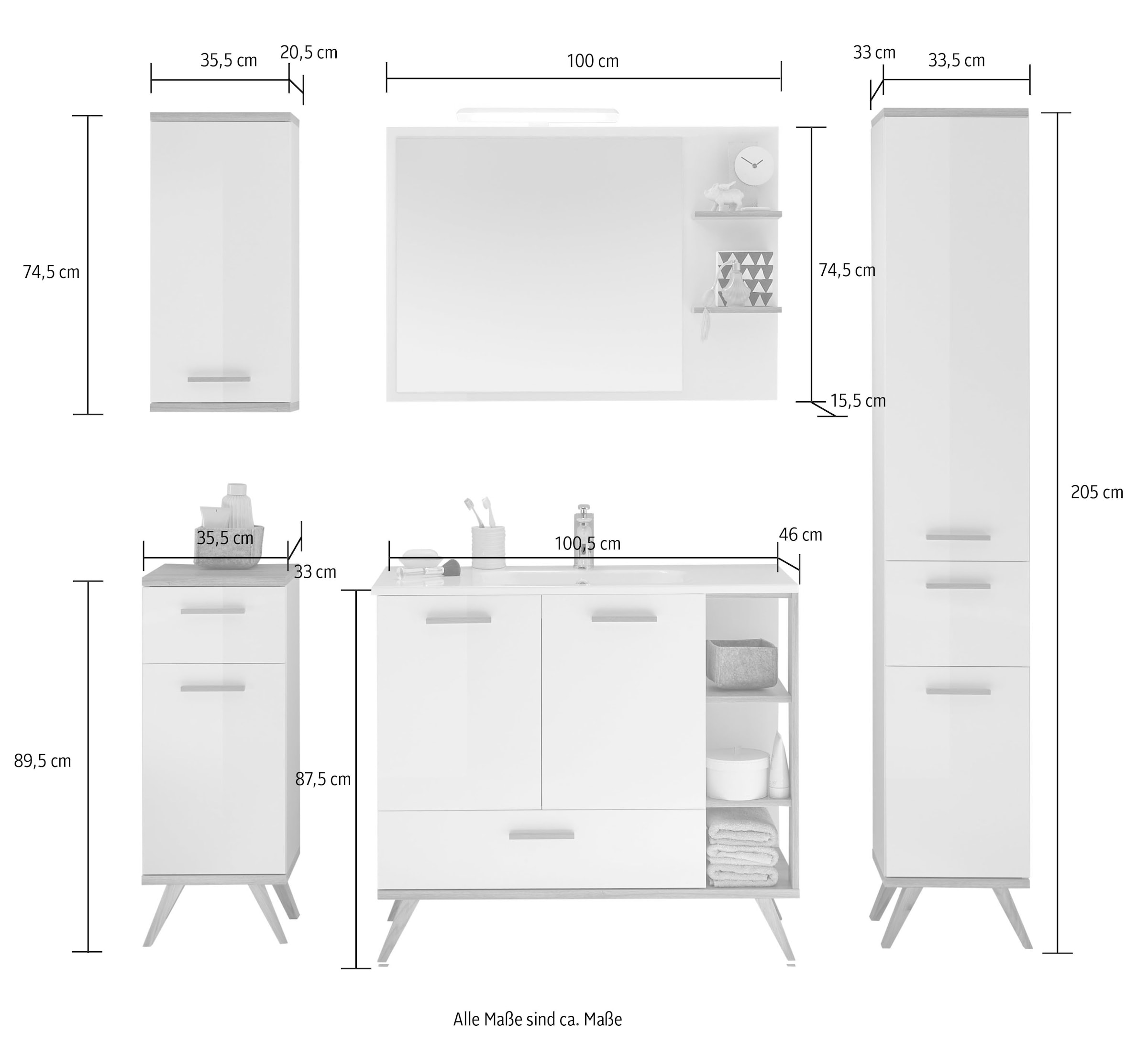 Saphir Badmöbel-Set »Quickset Mineralmarmor-Waschtisch mit LED-Spiegel, Unterschrank«, (7 St.), Hängeschrank, Hochschrank, 6 Türen, 2 Schubladen, 7 Glas-Einlegeböden