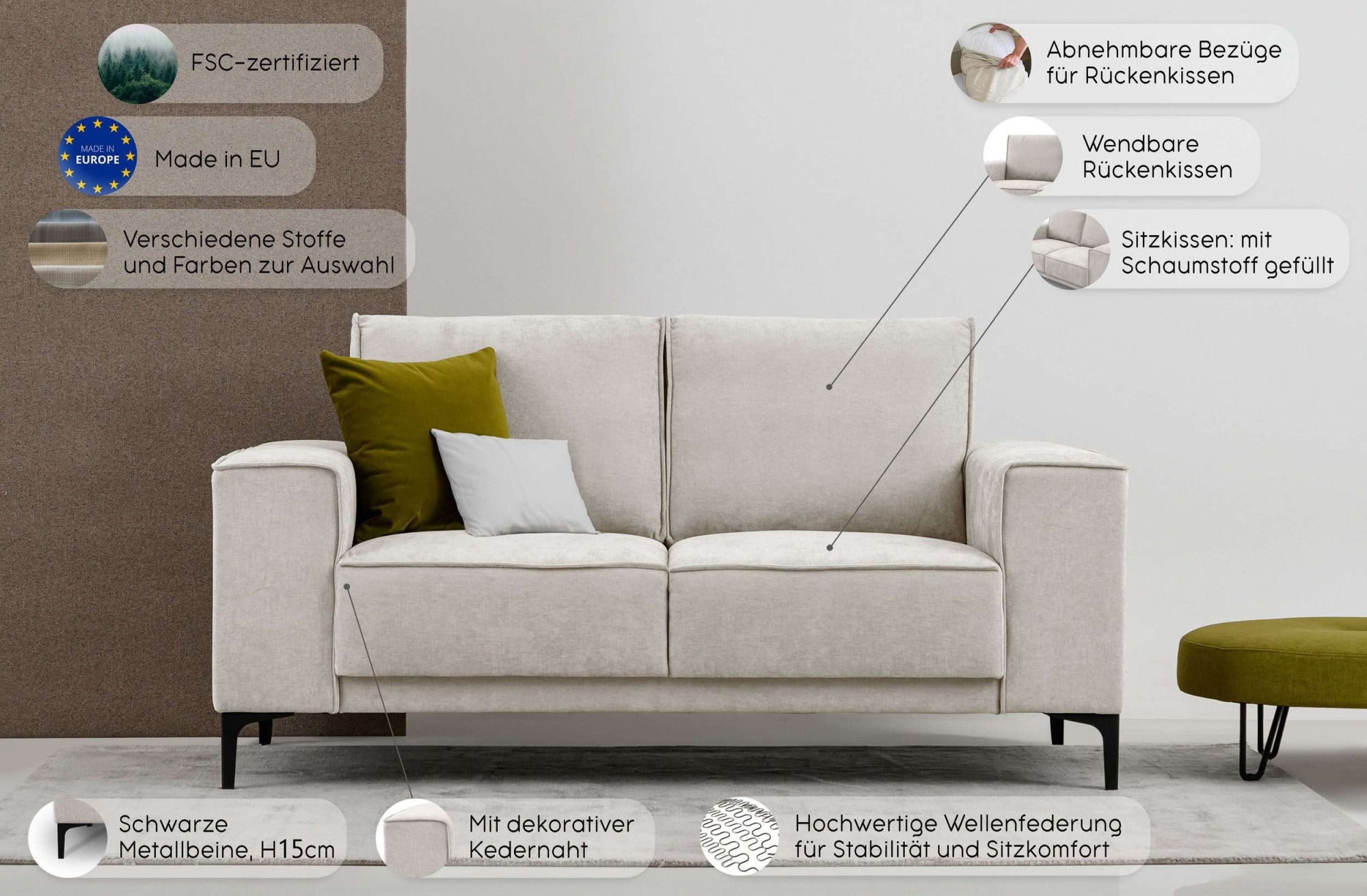 Places of Style 2-Sitzer »Kompaktsofa Oland, Struktur, Flachgewebe, Luxus-Microfaser, Boucle«, 164 cm, Wellenunterfederung, Skandi-Design, Metallfüße