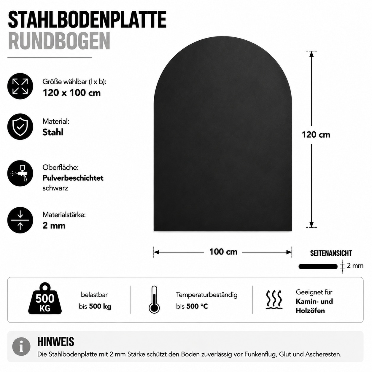 Hanseatic Bodenschutzplatte »für Kaminöfen Halbrund 100 Stahl« 1 Stk. tlg. Stahl-Halbrund, 100 x 120 cm, 2mm Stärke, schwarz, zum Funkenschutz