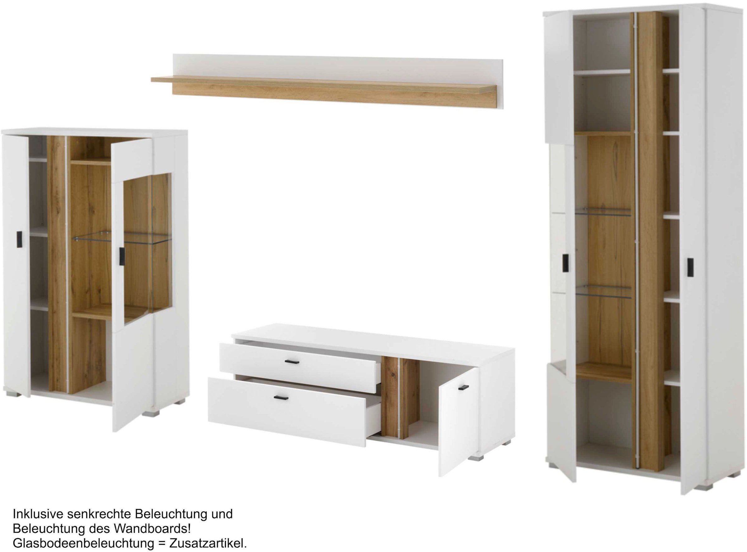INOSIGN Wohnwand »LONG ISLAND«, (Set, 4 St.), in moderner Trendfarbe,inklusive senkrechter Beleuchtung,Breite 330 cm