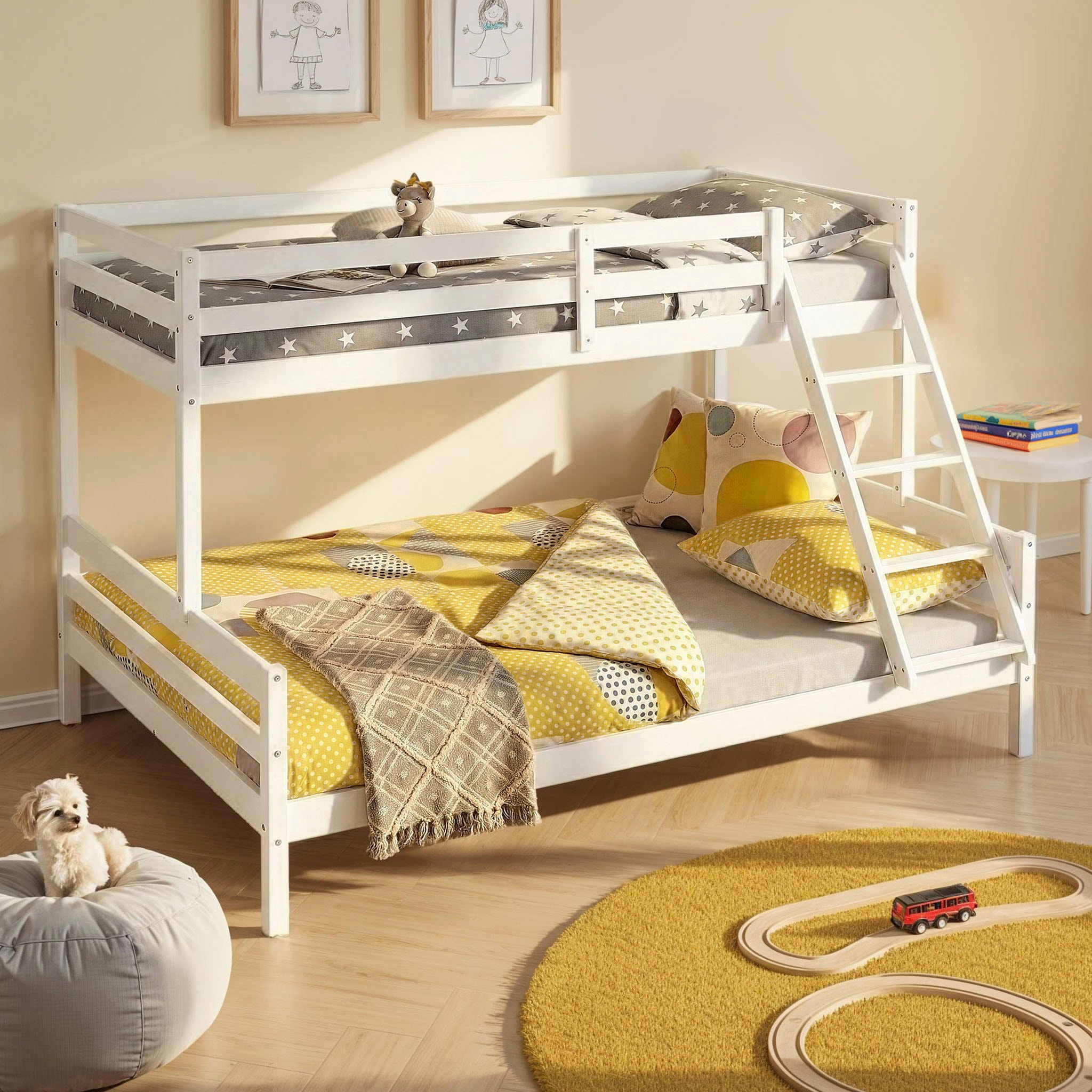 Inter Link Etagenbett »Sleepy Cloud, 90/140x200, Kiefer Massivholz, Weiss lackiert« 1 Stk. tlg. Inkl. 2 Lattenroste, Leiter kann rechts oder links montiert werden