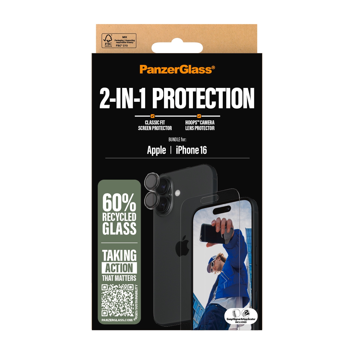 PanzerGlass Displayschutzglas »2-in-1 Protection, Glass, Lens Protector« für Apple iPhone 16 Displayschutzfolie, Schutzfolie, Bildschirmschutz, kratz- & stoßfest