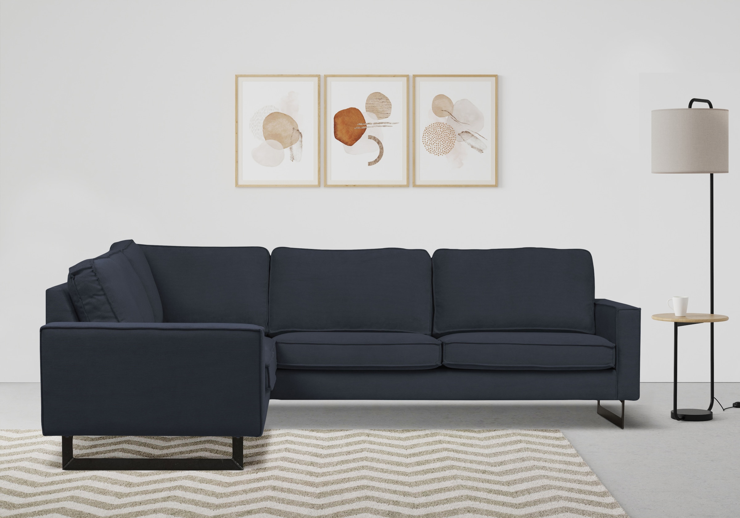 Places of Style Ecksofa »Pinto, XXL, 250/290 cm, langer Schenkel, Ottomane«, Cord, Chenille, Lederoptik, mit Keder, Metallfüße, Wellenunterfederung