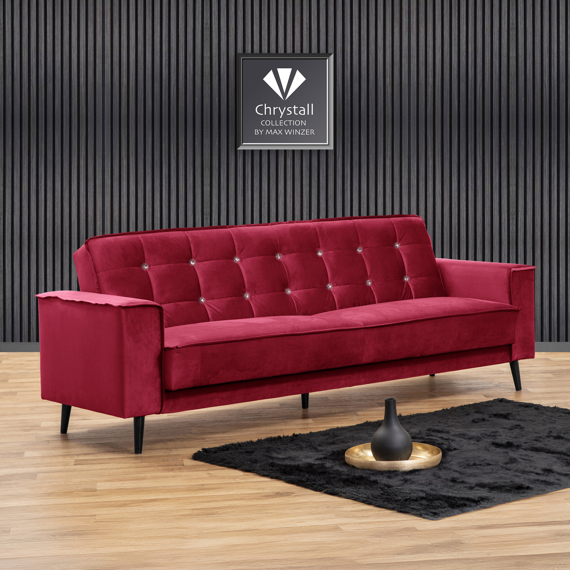 Max Winzer® Schlafsofa »Jersey, 3-Sitzer, Sofa in exklusivem Design, mit Strasssteinen«, handgefertigt, hochwertige Konstruktion, Samtvelours, mit Bettfunktion