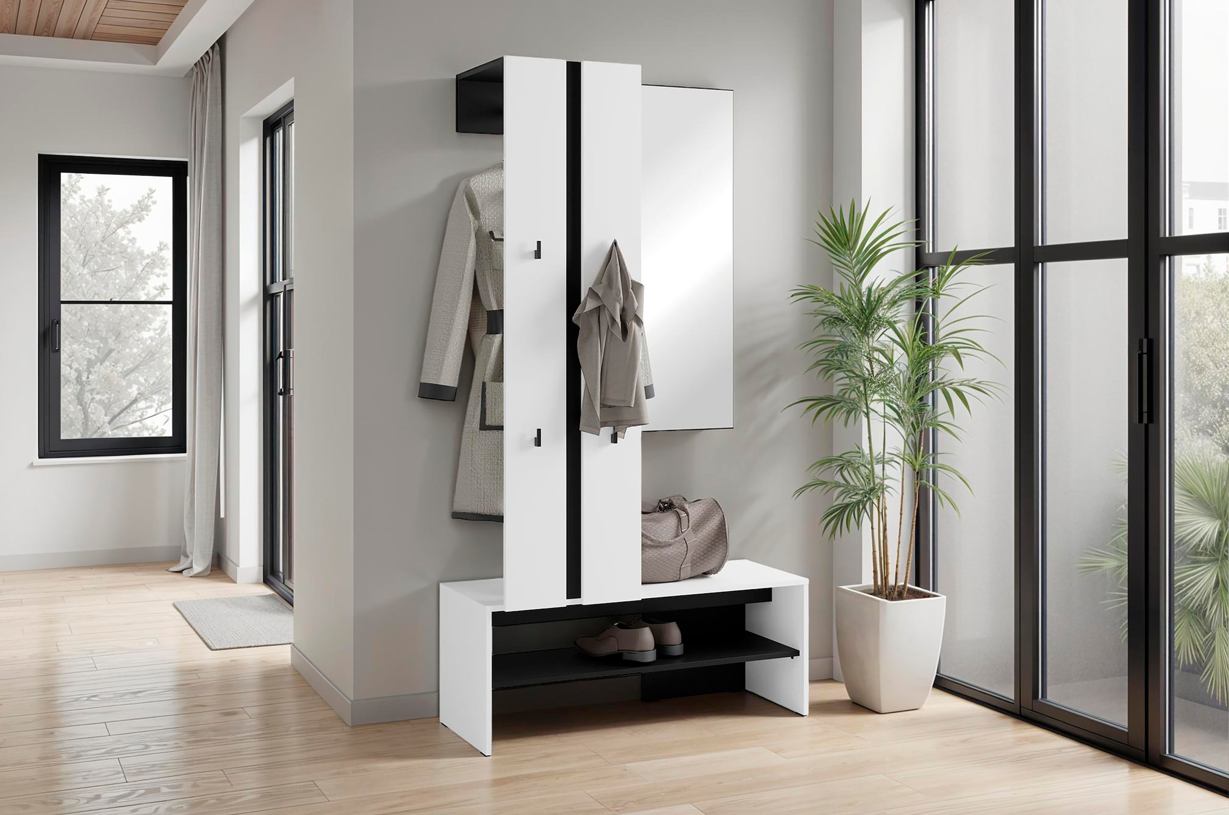 byLIVING Kompaktgarderobe »Dielen - Set Nante«, (2 St.), maximale Ordnung auf wenig Fläche mit Spiegel, Kleiderstange und Haken