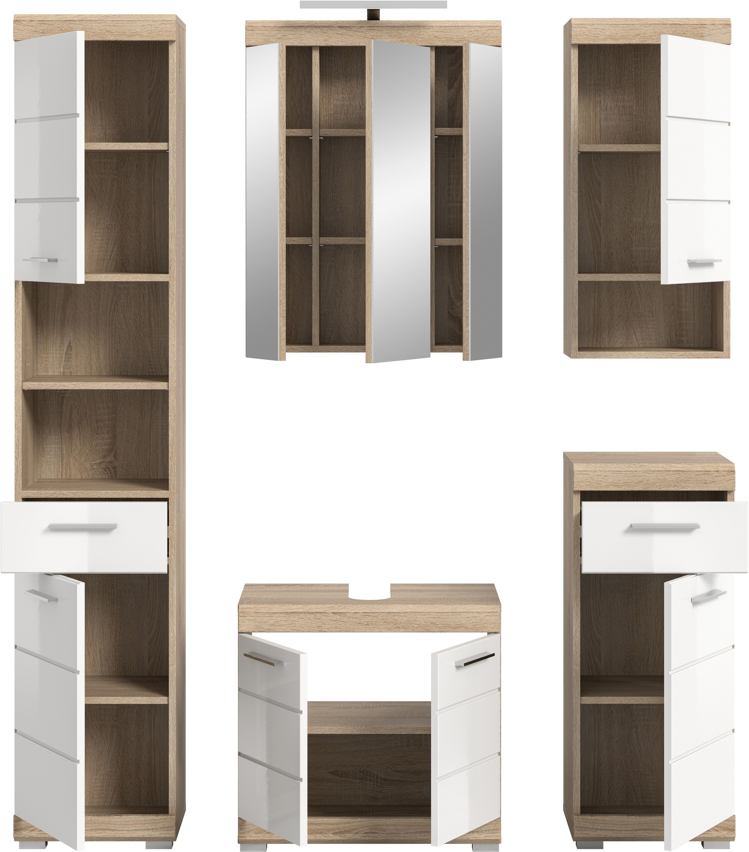 INOSIGN Badmöbel-Set »Siena, 5 teilig, inklusive LED Beleuchtung, bestehend aus:«, (Set), Hochschrank, WBU, Spiegelschrank, Unterschrank, Hängeschrank