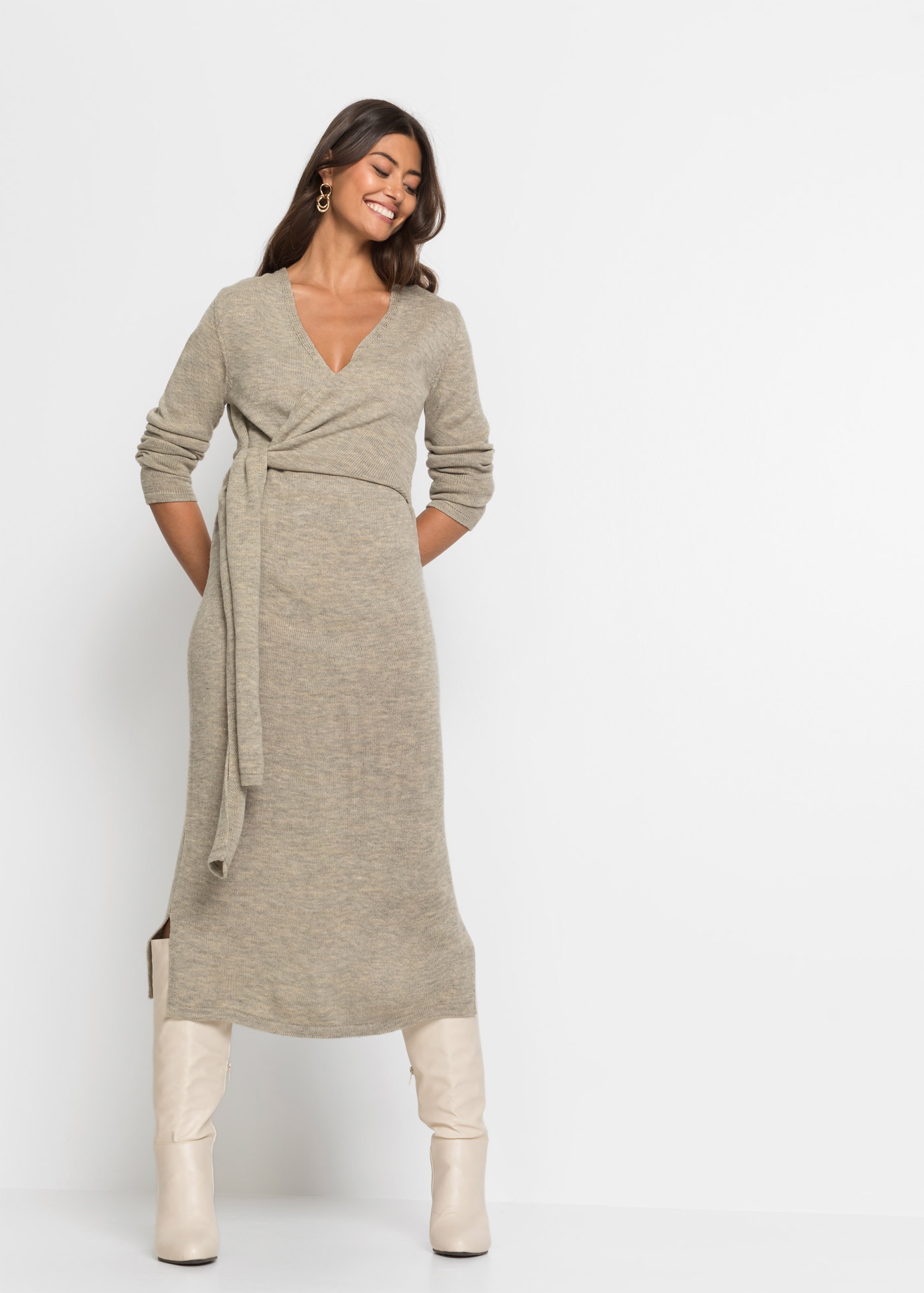 bonprix Strickkleid »Midi-Strickkleid« mit modernem Wickel-Design, aus Polyacryl und Polyester