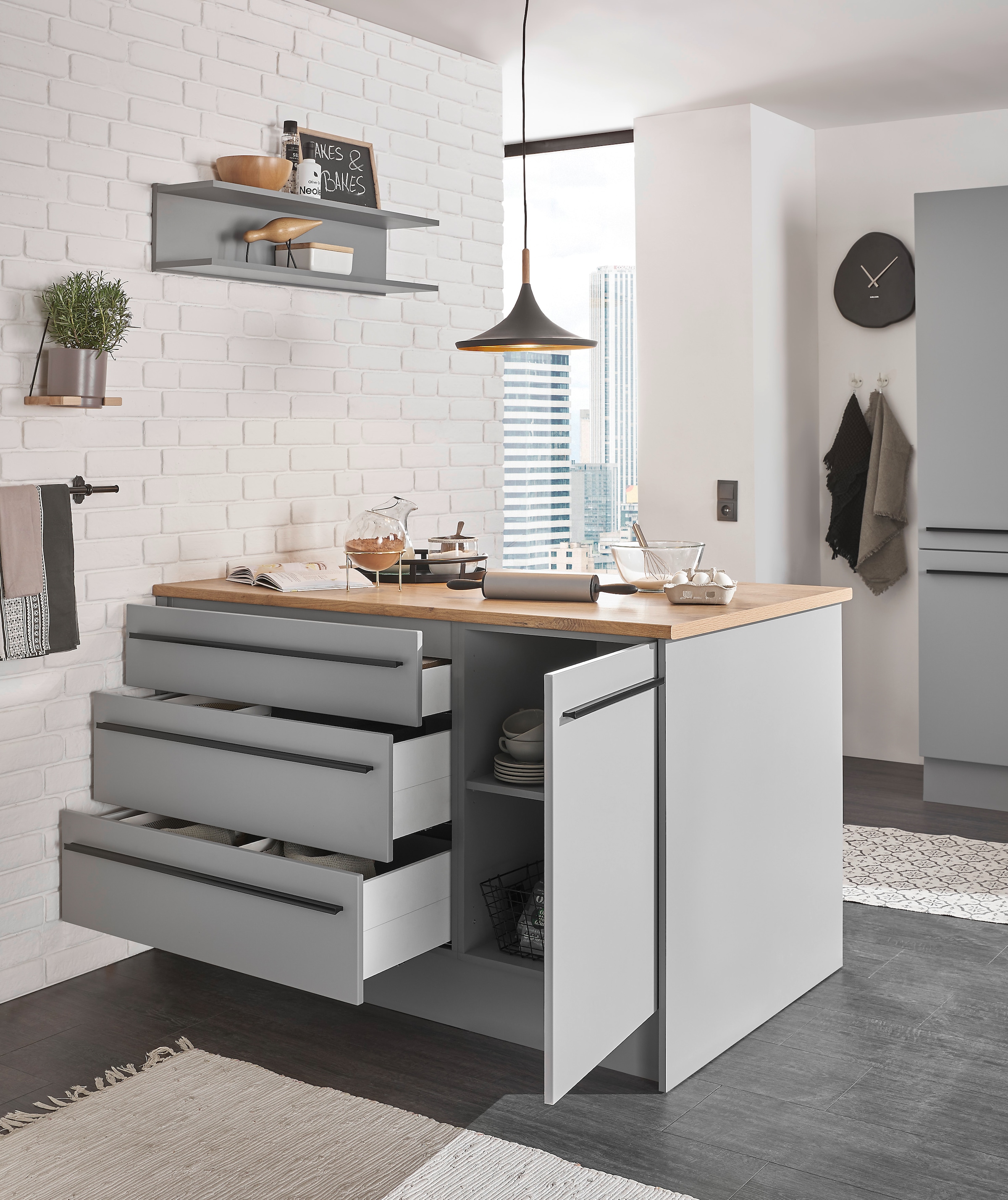BASIC by Balculina Kücheninsel »Denver, Kochinsel + Küchenregal BxHxT 145 x 90 x 90/BxHxT 90x22x21«, Breite 145 cm, mit Tür, Schubkasten, Klappe und offenem Fach