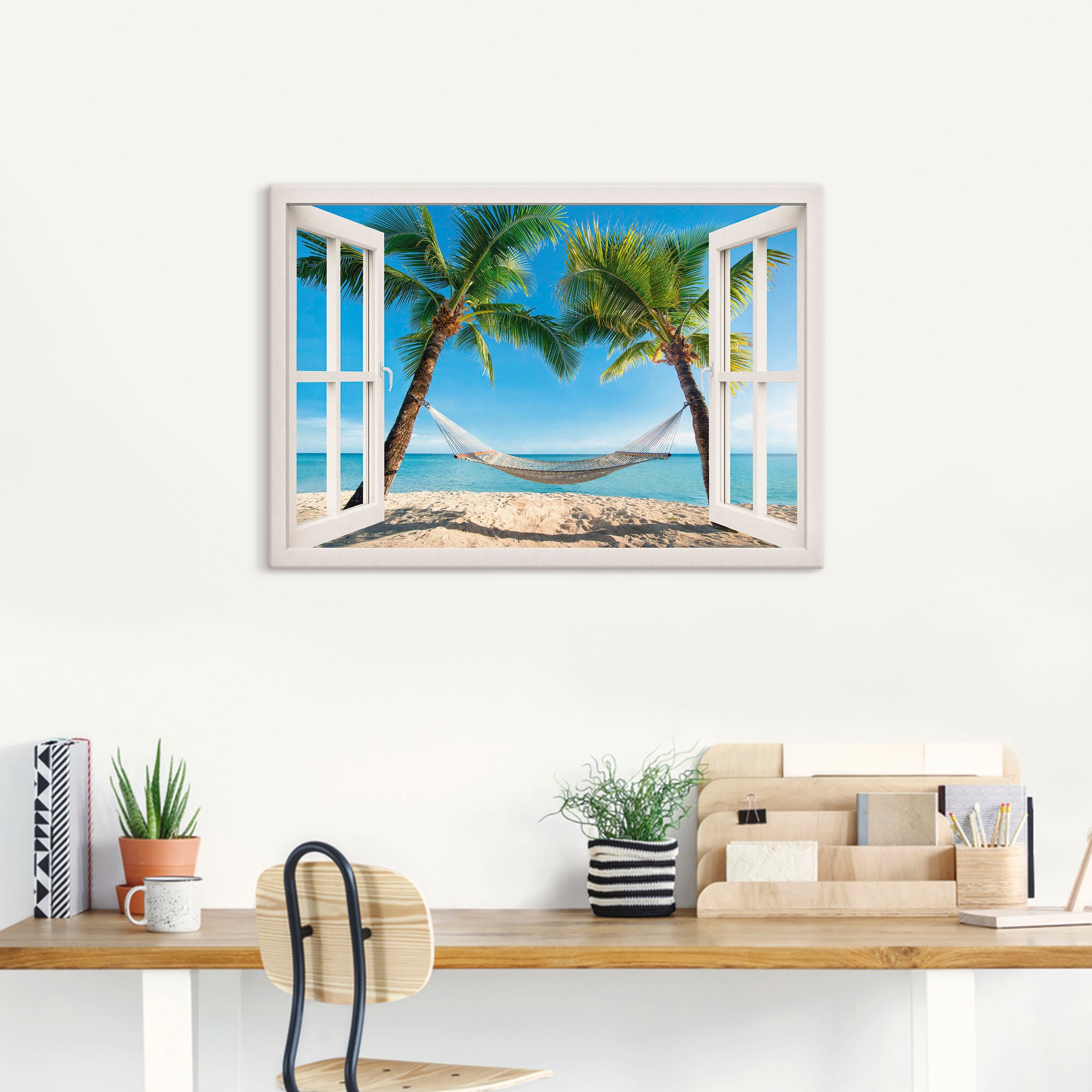 Artland Wandbild »Fensterblick Palmenstrand Leinwandbild, als Poster kaufen oder St.), Größen Alubild, online Wandaufkleber versch. Karibik«, in Amerika, (1