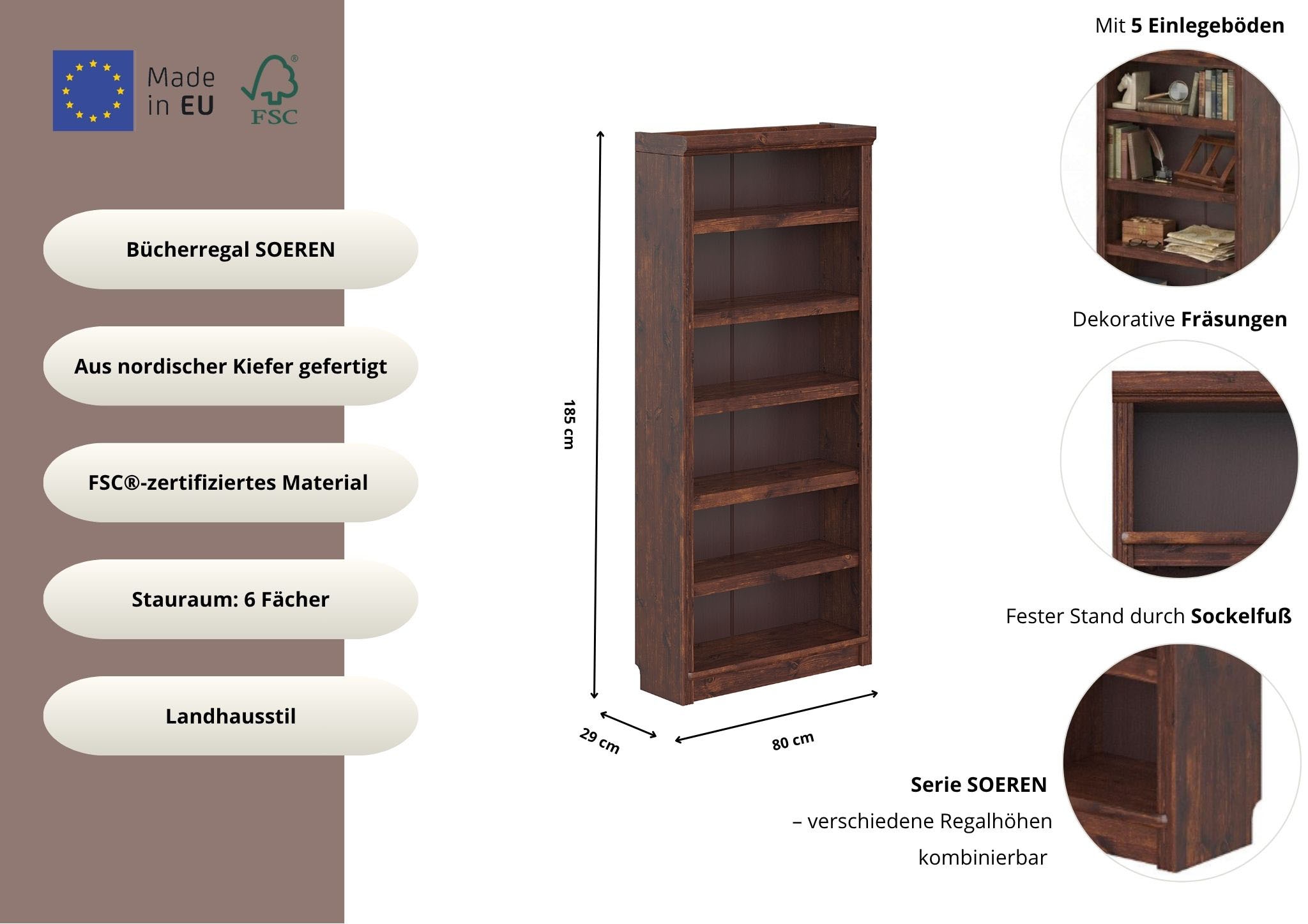 OTTO home Bücherregal »Soeren Regal B/T/H: 80/29/185 cm, 6 Fächer« aus massiver Kiefer, FSC®-zertifiziert