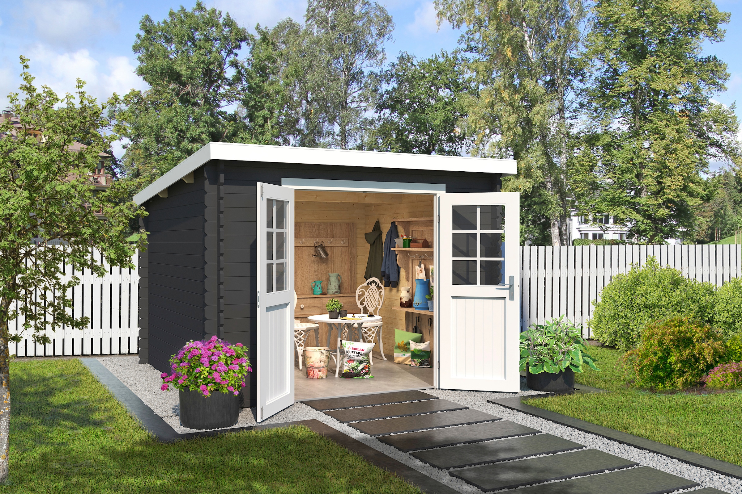 LASITA MAJA Gartenhaus »San Jose 275«, Blochbohlenhaus 28mm, Fundamentmass 2750x2750, Carbongrau