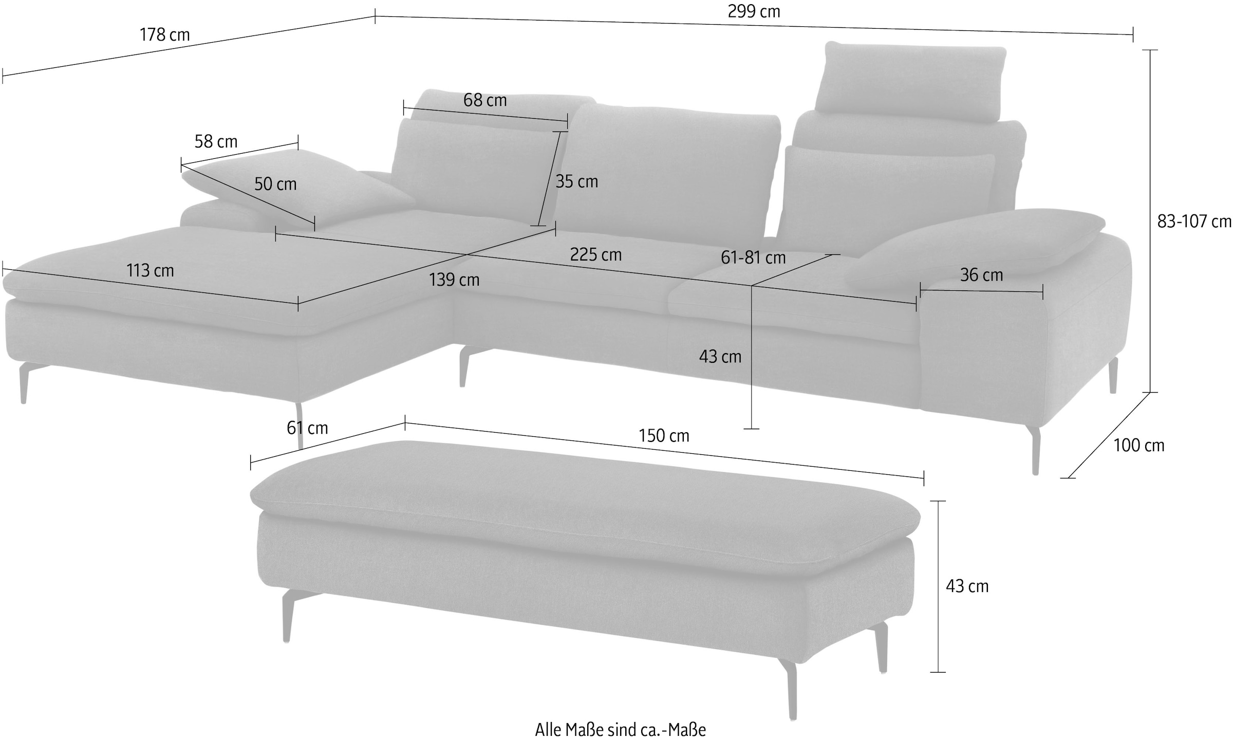 W.SCHILLIG Ecksofa »valentinoo, Designsofa, bequem, elegant und zeitlos, L-Form«, (Set), inklusive Hocker, mit Sitztiefenverstellung, Breite 299 cm