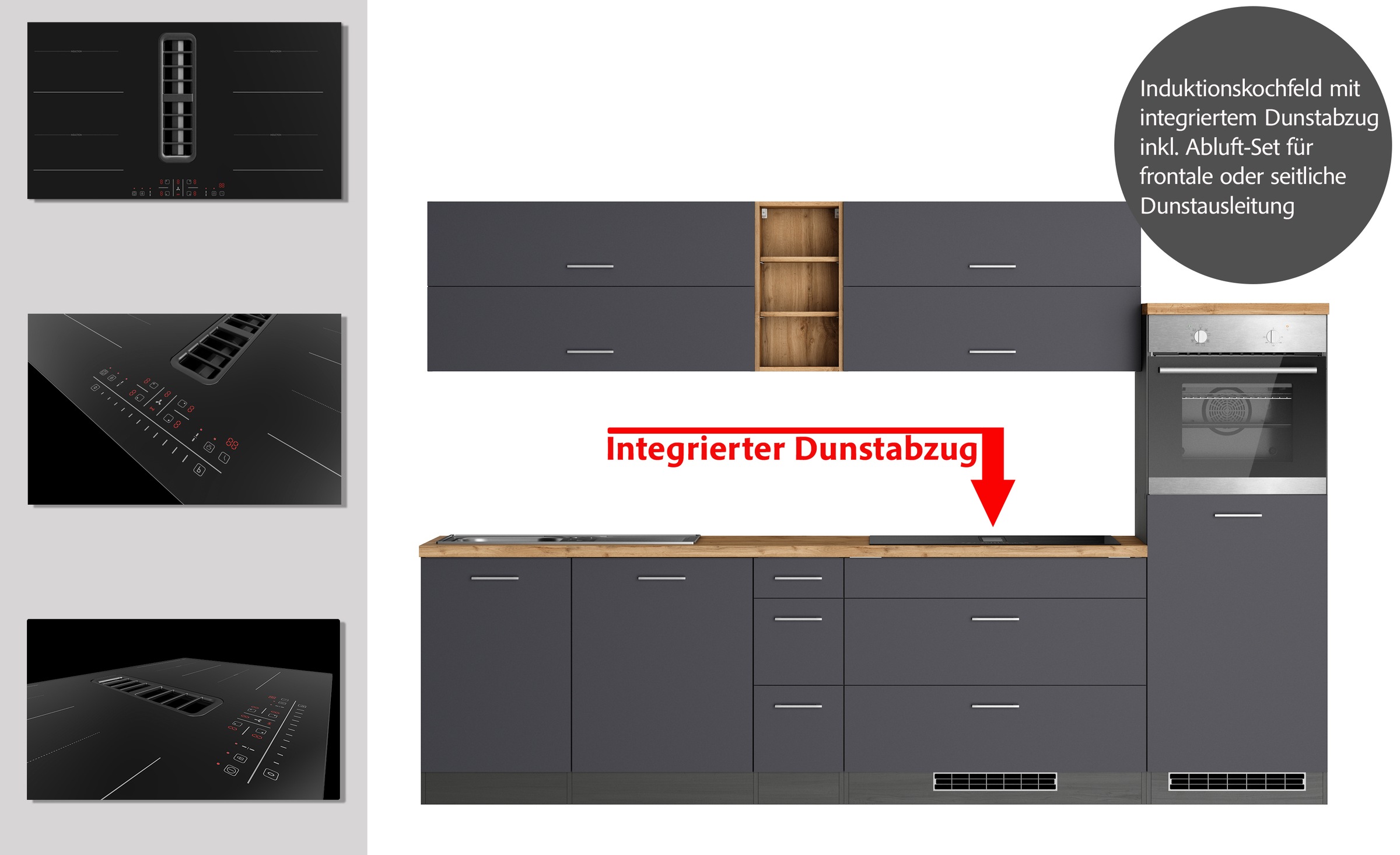 KOCHSTATION Küchenzeile »KS-Milan, optional mit Muldenlüfter«, Breite 300 cm, wahlweise mit E-Geräten, Kochfeld mit Dunstabzug