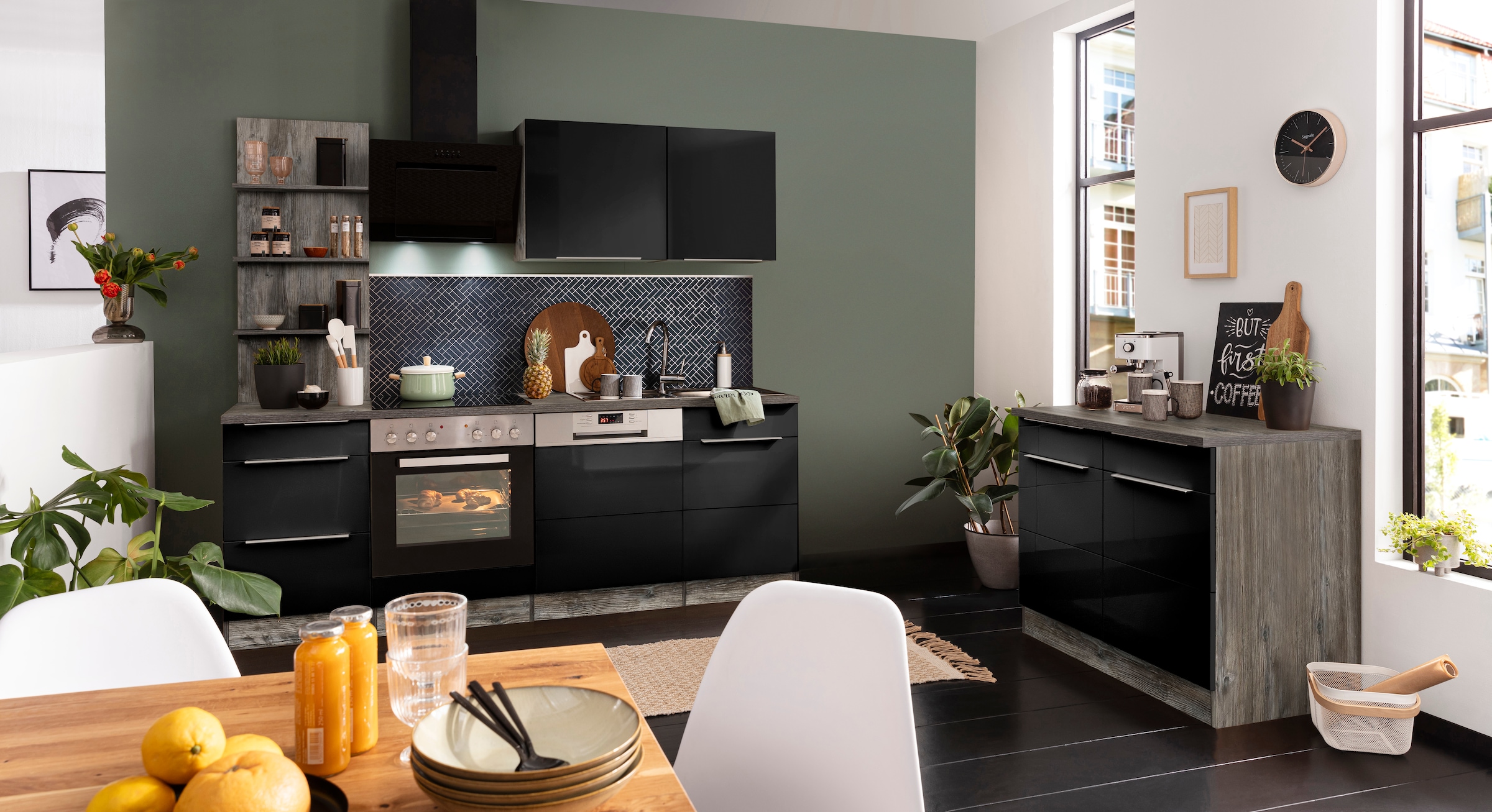 KOCHSTATION Küchenzeile »KS-Brindisi«, Breite 220 cm, wahlweise mit E-Geräten, mit MDF-Fronten und Regal