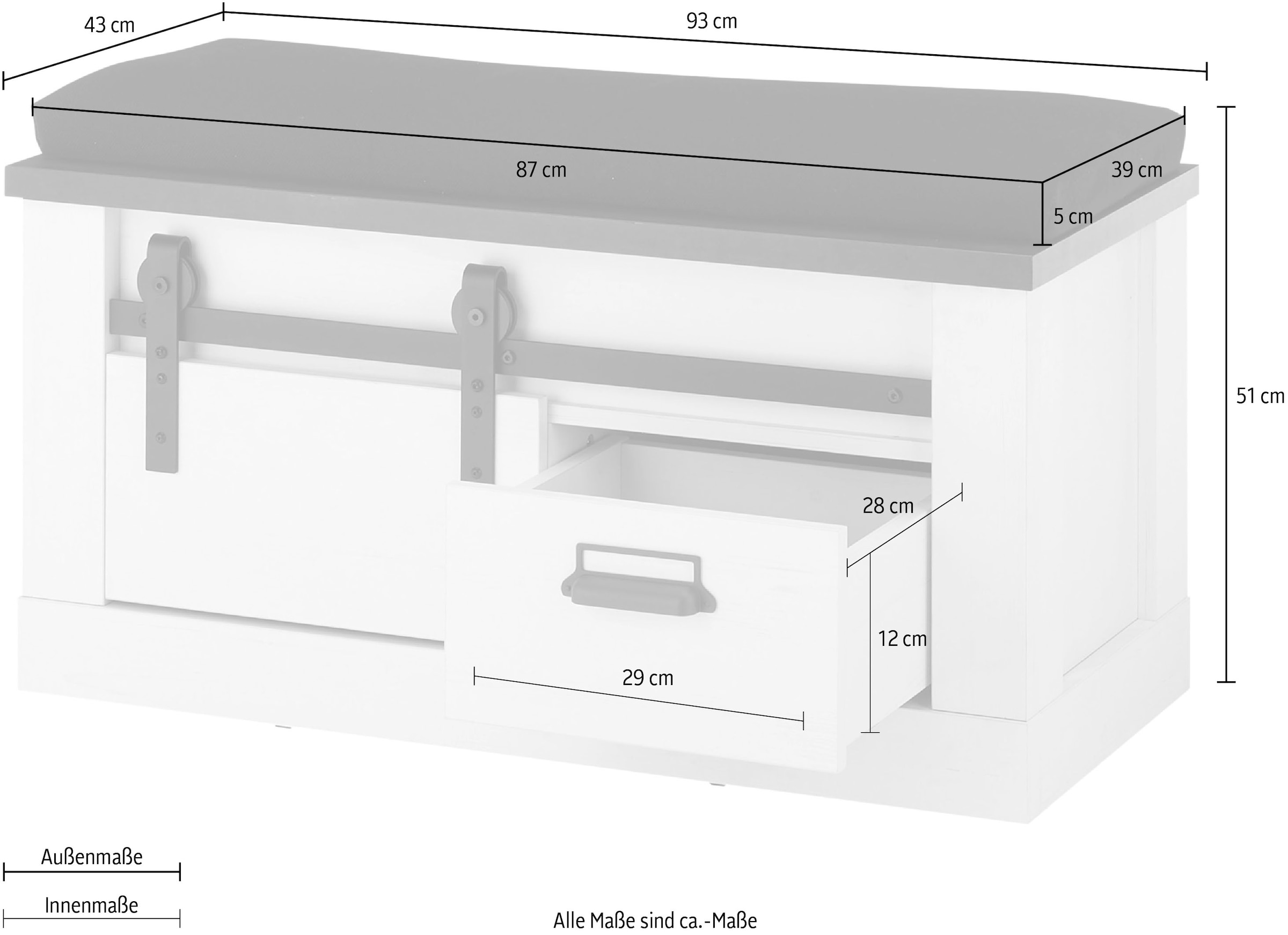 Home affaire Sitzbank »SHERWOOD«, modernes Holz Dekor, mit Scheunentorbeschlag aus Metall, Breite 93 cm