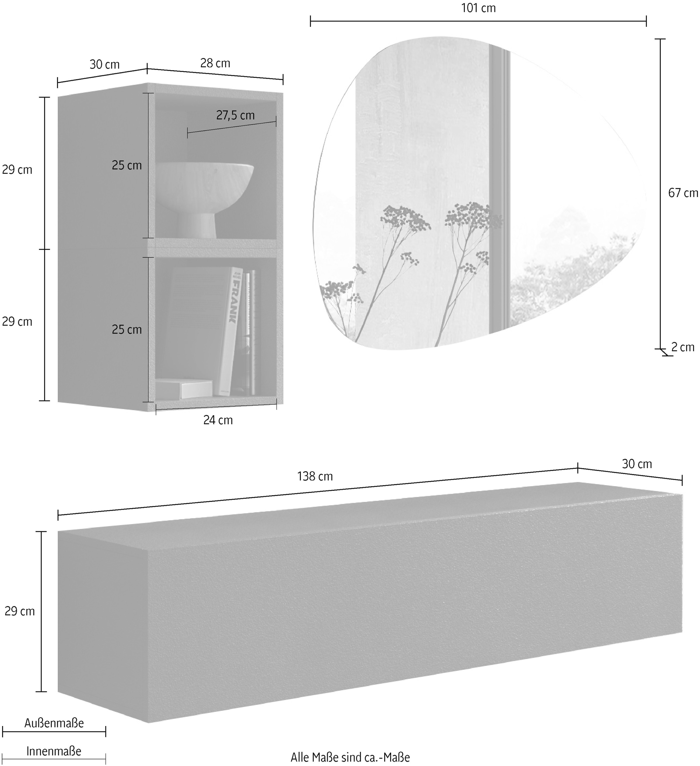 INOSIGN Garderoben-Set »INFINITY, 3tlg. Breite 138 cm, Höhe variabel, moderne Garderobe«, (Spar-Set, 3 St.), (Hängeschrank, Würfelregal 2er Set, Spiegel) ideal für Diele, Flur