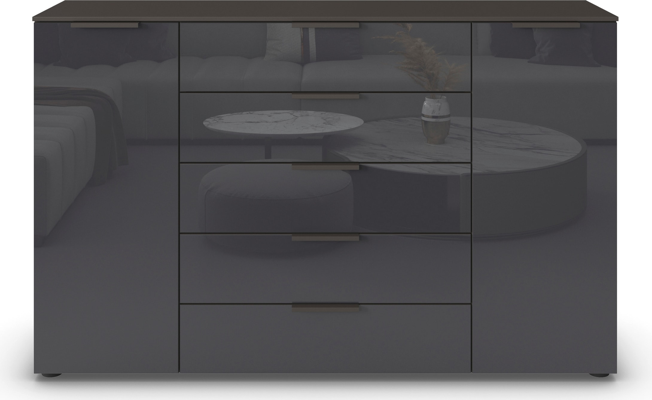 rauch Schubkastenkommode »Kommode Türkommode Sideboard Kombikommode FLIPP mit Glasfront«, (Breite 160/180 cm mit 4 Einlegeböden), 2-trg mit 5 Schubladen und Soft-Close, 2 Breiten MADE IN GERMANY