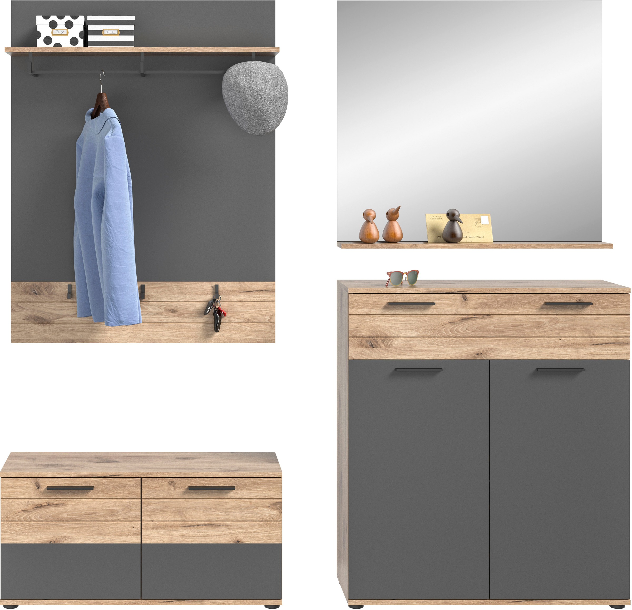 INOSIGN Garderoben-Set »Riga, Breite 195 cm, hochwertige Rillenfräsung, 4-teilig, best. aus:«, (Set, 4 St.), Sitzbank, Paneel, Garderobenspiegel, Schuhkommode