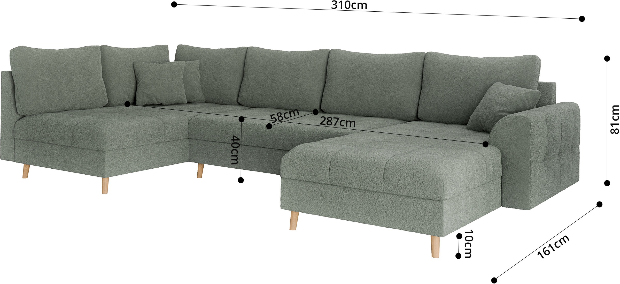 Home affaire Wohnlandschaft »CHARRE U-Form mit Ottomane, Maße B/T/H: 310/161/81 cm«, feine Steppung, lose Rücken- und Zierkissen, auch in Cord und Bouclé
