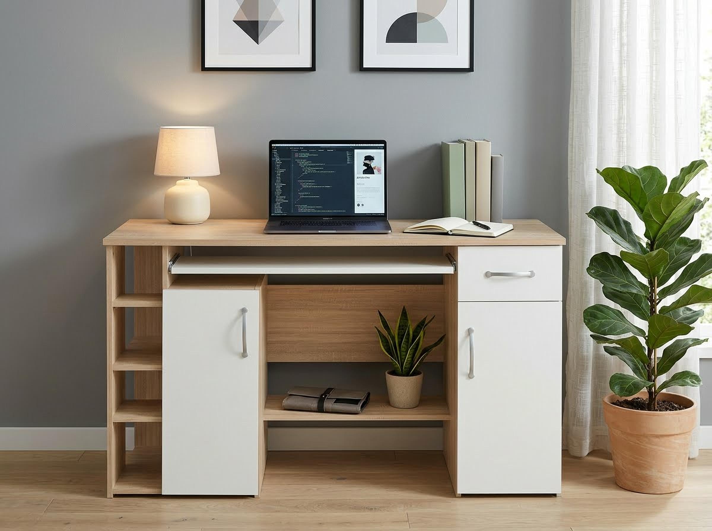 VOGL Möbelfabrik Schreibtisch »Tim mit seitlich offenen Fächern & Tastaturauszug,« Druckerablage, 1 Schublade, Breite 138 cm, Made in Germany