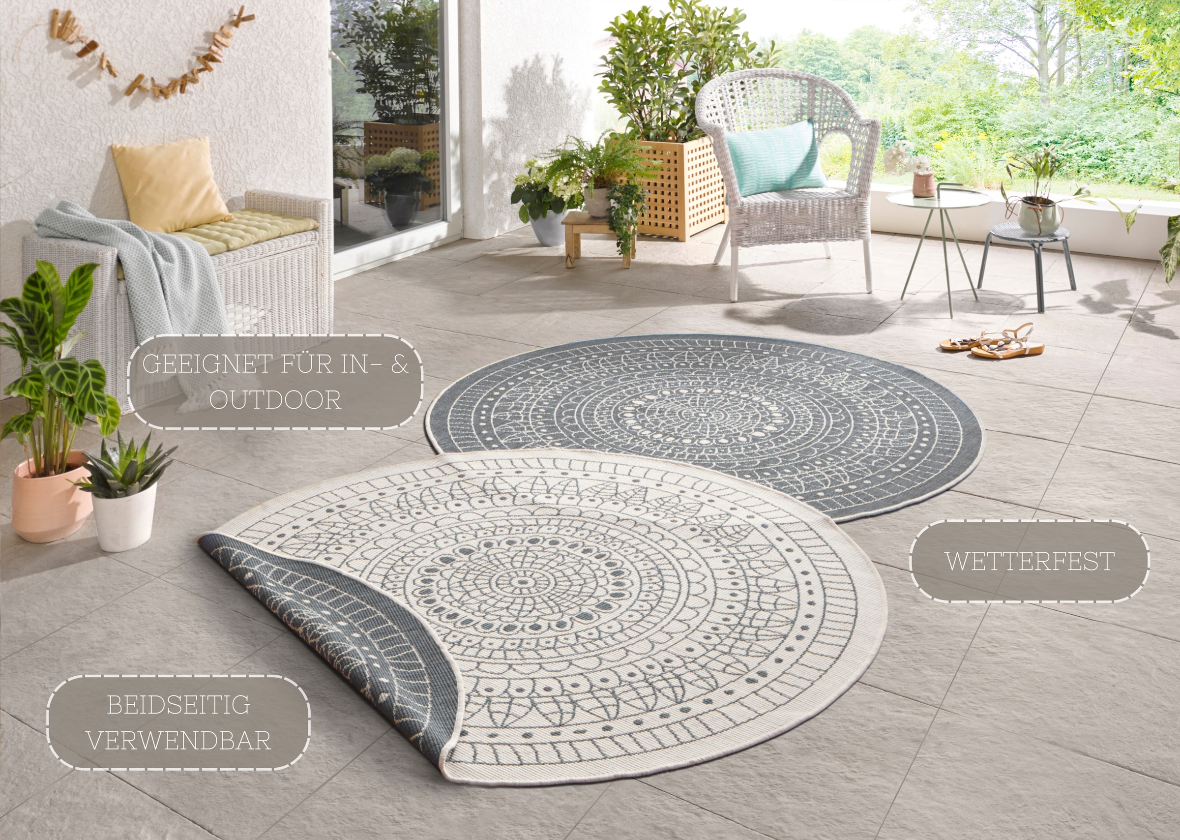 2. Bild von NORTHRUGS Teppich »Porto Wendeteppich«, rund, In-& Outdoor, Wetterfest, Balkon, Garten, Wohnzimmer, Wasserfest