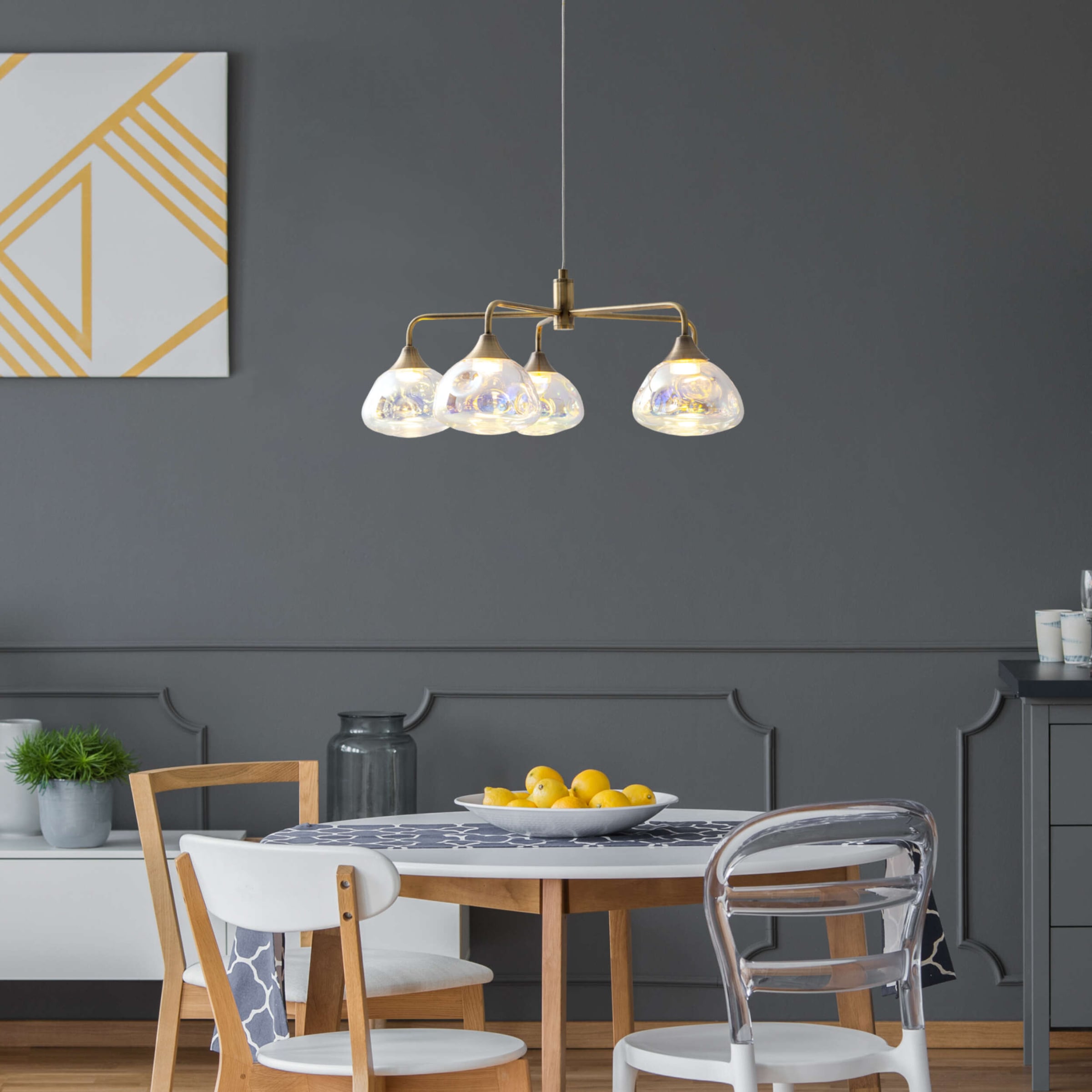 näve LED Pendelleuchte »Varna«, 5 flammig, Leuchtmittel LED-Modul | LED wechselbar, 5 flg., irisierende Gläser, Gestell messingfarben, warmweißes Licht