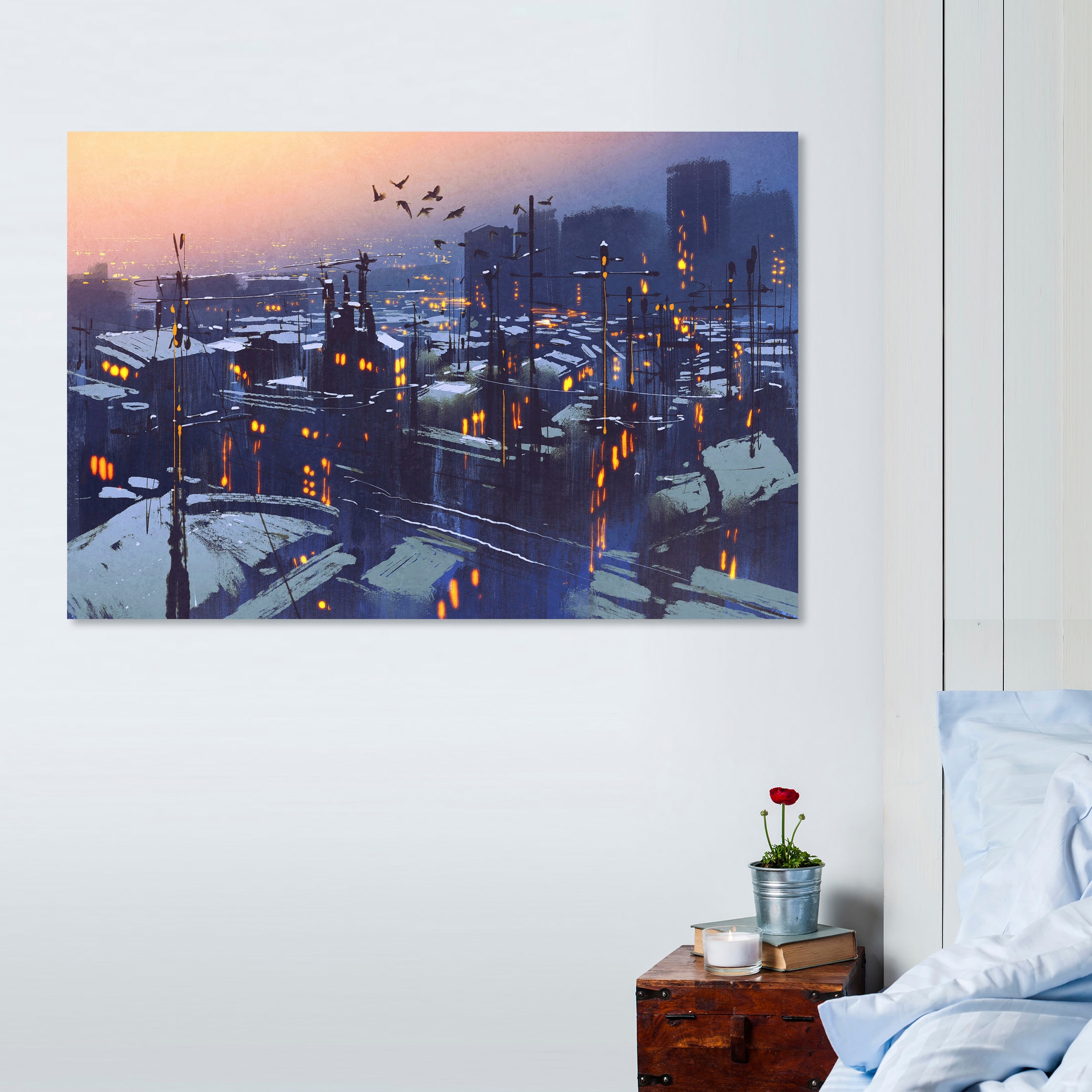 queence Leinwandbild »Stadt bei Nacht«, Vögel-Vogelbilder-Kunst-Modern-Spa- günstig online kaufen