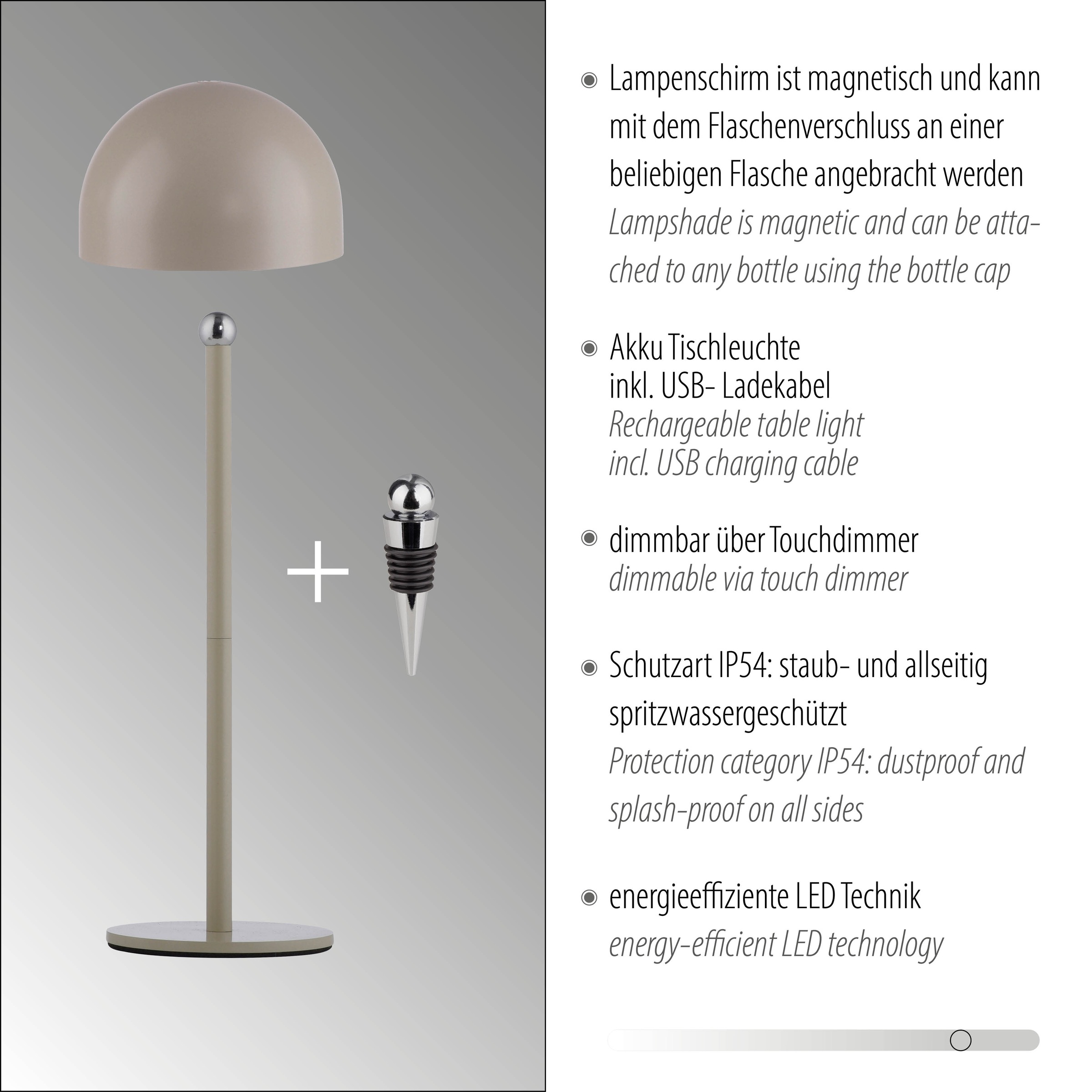 my home Tischleuchte »Akku Tischleuchte Hesper Indoor Outdoor, magnetischer Flaschenaufsatz«, 1 flammig, Leuchtmittel LED-Board | LED fest integriert, Pilzlampe Flaschenaufsatz, Regulierung der Lichtstärke, Pilz, Lampe