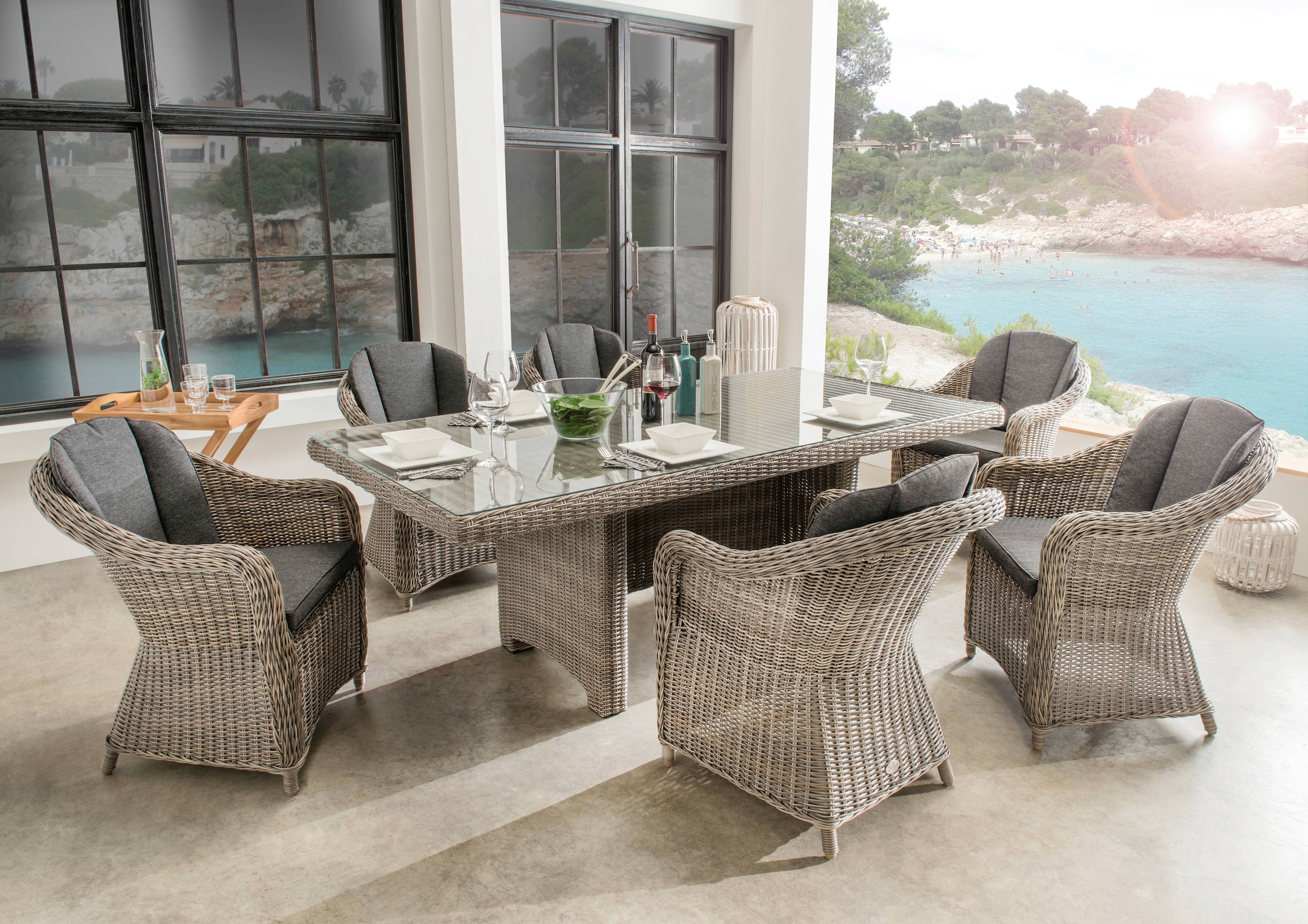 Destiny Garten-Essgruppe »MALAGA LUNA« Set, 19 Stk. tlg. Polyrattan, 6 Sess günstig online kaufen