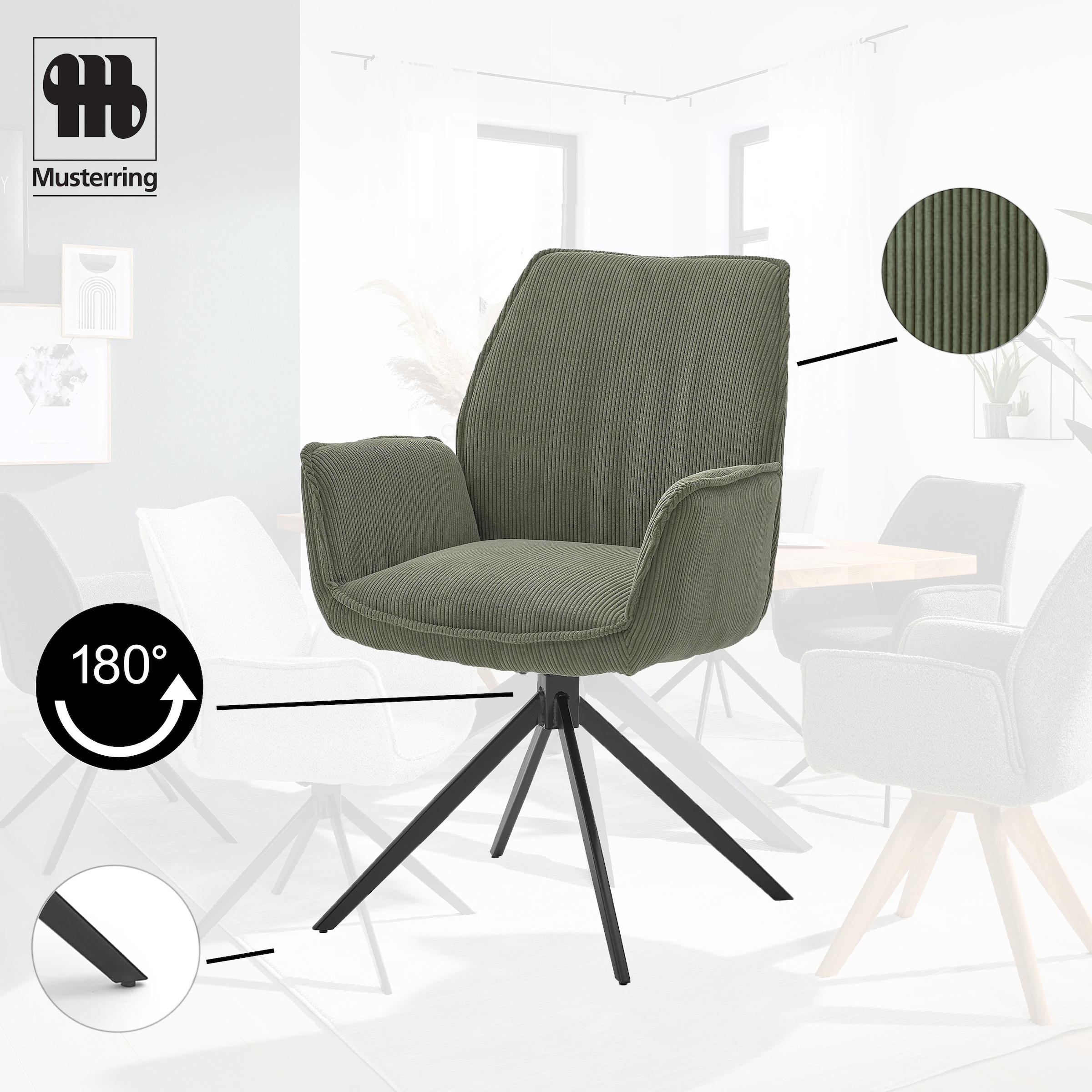 Musterring Esszimmerstuhl »Tiama«, (Set), 2 St., Cord, Stativgestell aus Eisen schwarz, 180° drehbar, Stoff Cord oder Bouclé