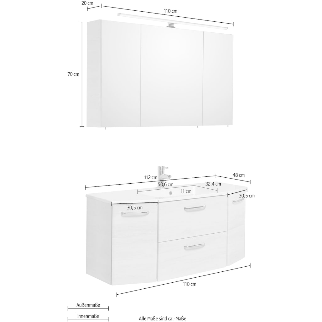 Saphir Badmöbel-Set »Quickset 2-teilig, Mineralmarmor-Waschtisch mit LED-Spiegelschrank«, (Set, 2 St.)