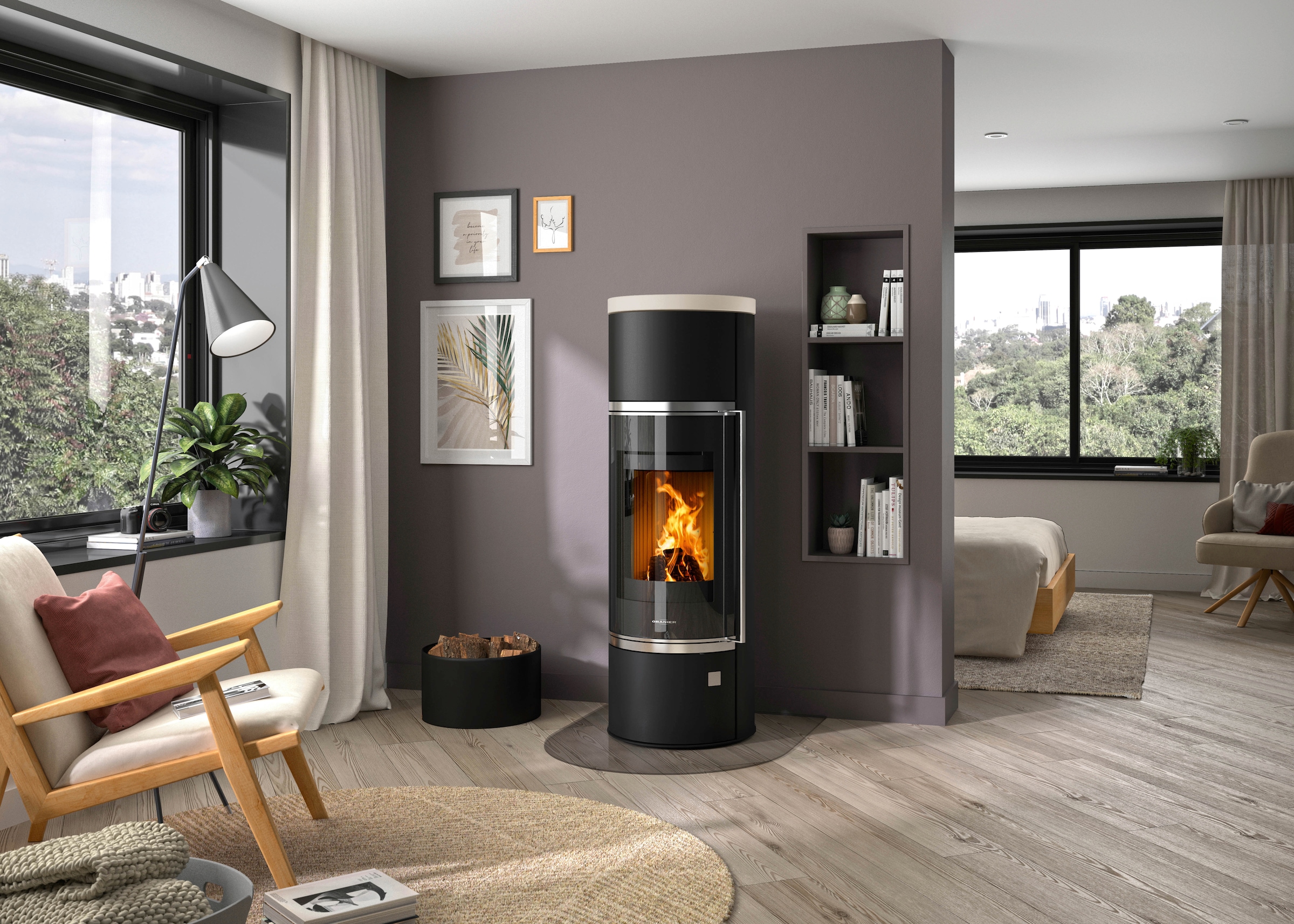 Oranier Kaminofen »Arena W+ 2.0«, (2 tlg.), Stahl, Abdeckplatte aus Kalkstein, Cream