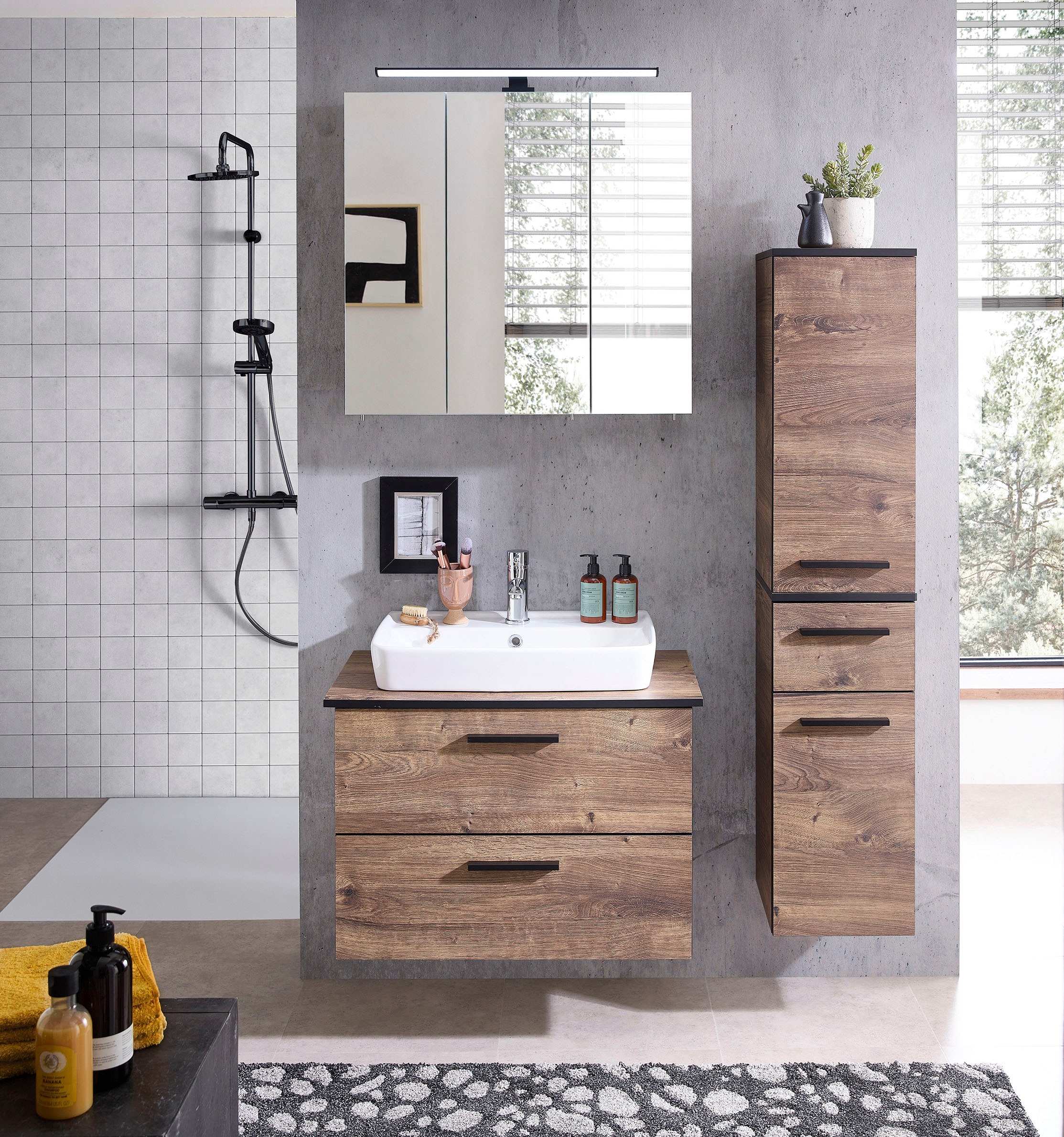 Saphir Badmöbel-Set »Quickset 374 Keramik-Aufsatzwaschtisch mit Unterschrank, 73 cm breit«, (3 St.), Waschplatz mit 2 Schubladen, Eiche Ribbeck quer Nachbildung