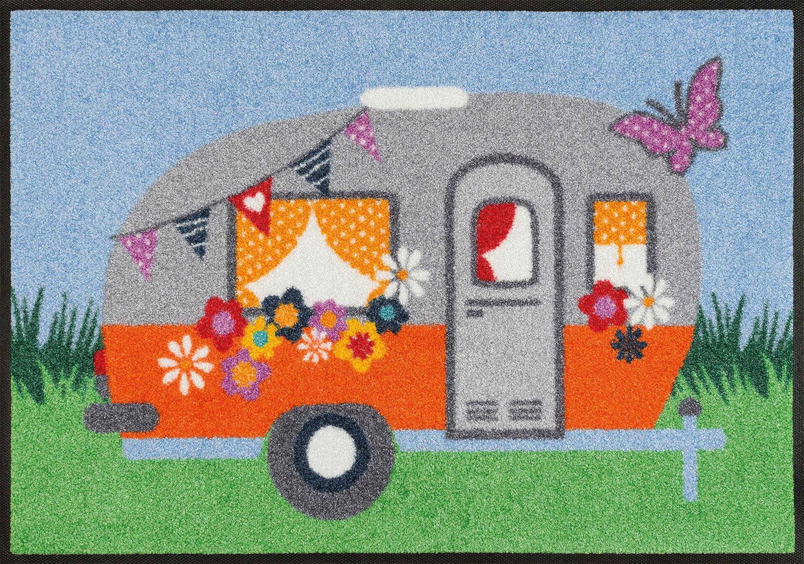 wash+dry Kleen-Tex Fußmatte „Happy Camping“, rechteckig, Schmutzfangmatte, Motiv Wohnwagen, rutschhemmend, waschbar blau 7 mm B/L: 50 cm x 75 cm – 7 mm