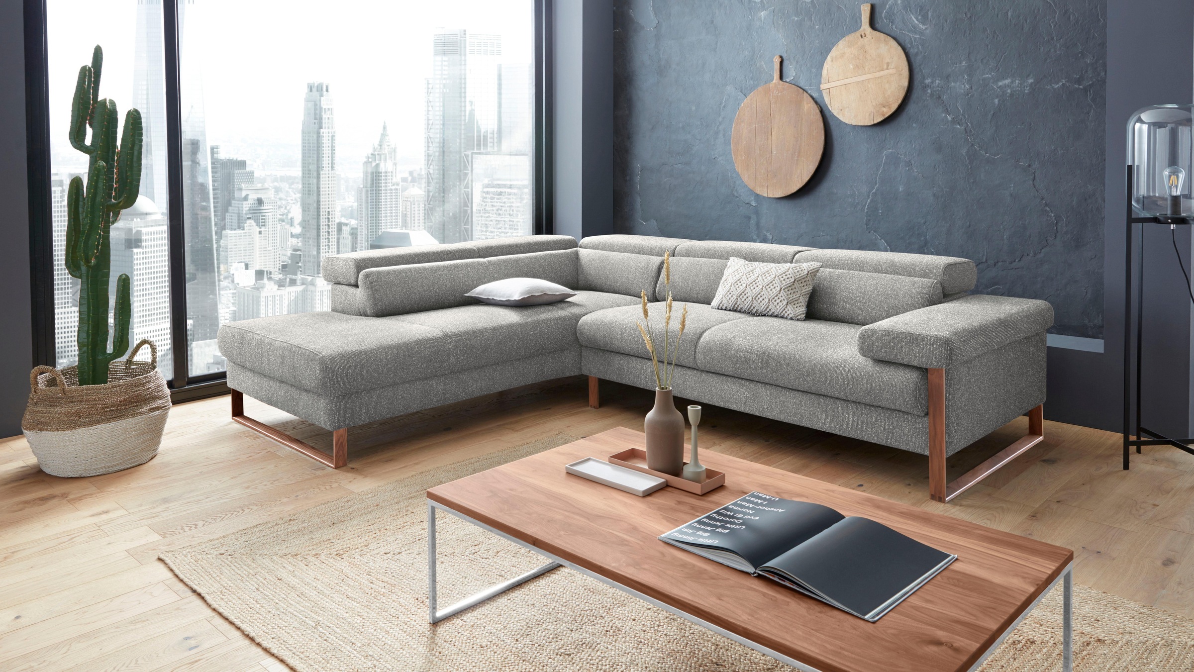 W.SCHILLIG Ecksofa »finn, Designsofa mit tollem Sitzkomfort, bequem, L-Form«, German Design Award 2016, Fußgestell Nussbaum natur, Breite 281 cm