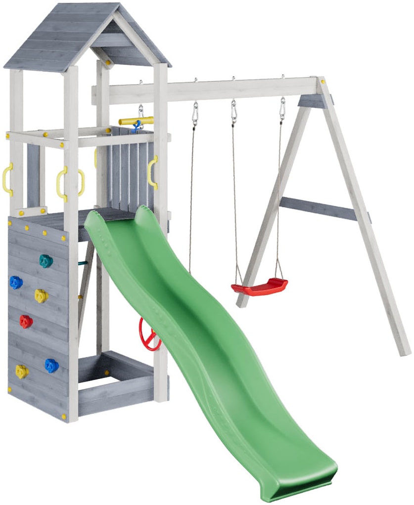 FUNGOO Spielturm »FLAPPI« mit Rutsche, Doppelschaukel, Kletterwand, Teleskop, Lenkrad