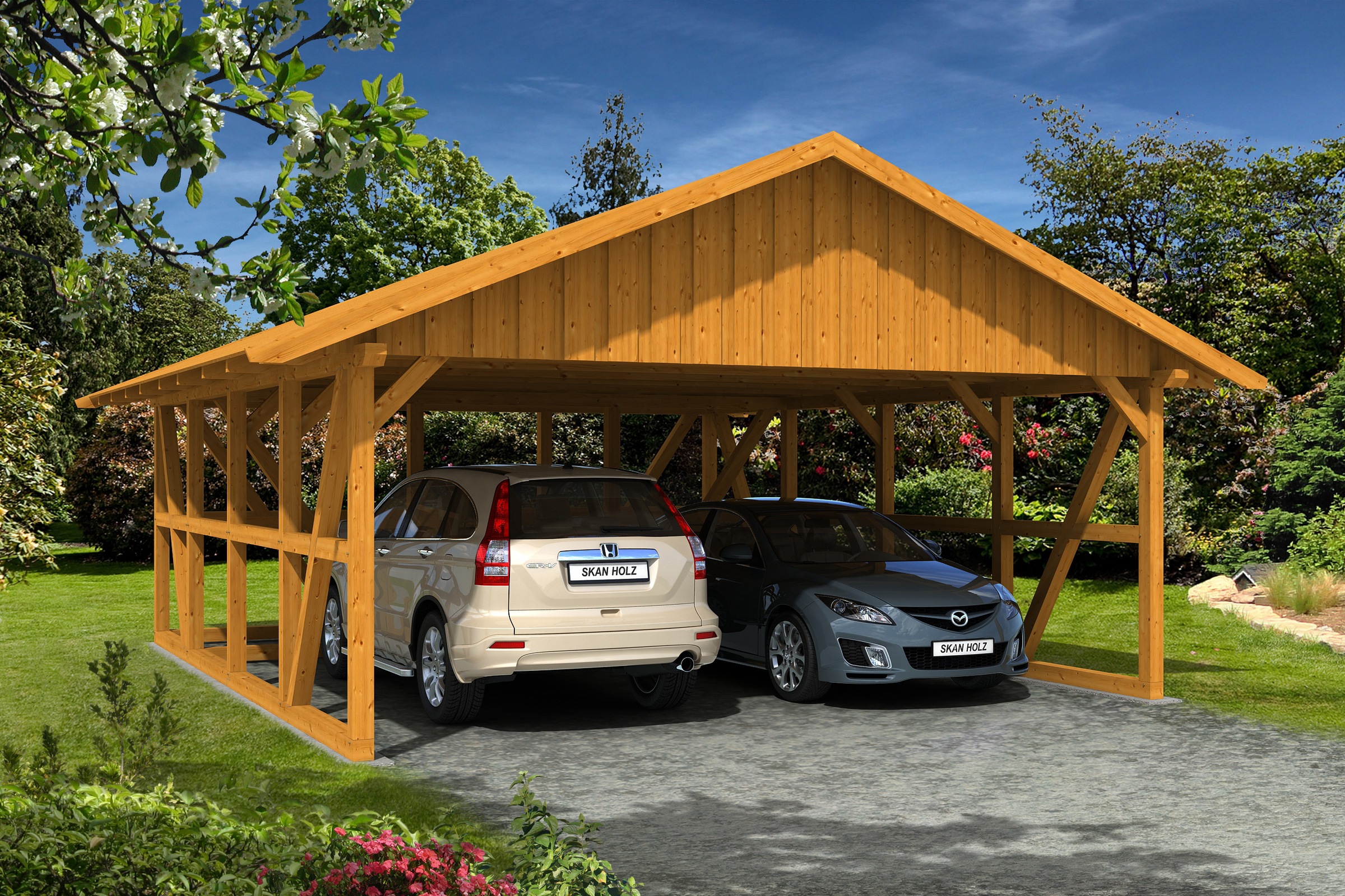 Skanholz Doppelcarport »Schwarzwald«, 560 cm, Eiche hell, mit Abstellraum 3, mit Dachschalung