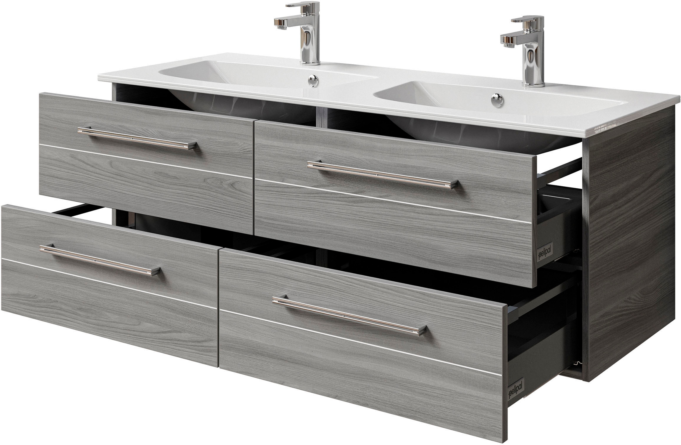 Saphir Badmöbel-Set »Serie 6025 2-teilig Mineralmarmor-Waschtisch mit LED-Spiegelschrank«, (2 St.), Waschplatz 132cm breit, 4 Schubladen, 2 Spiegel-Türen, inkl Türdämpfer