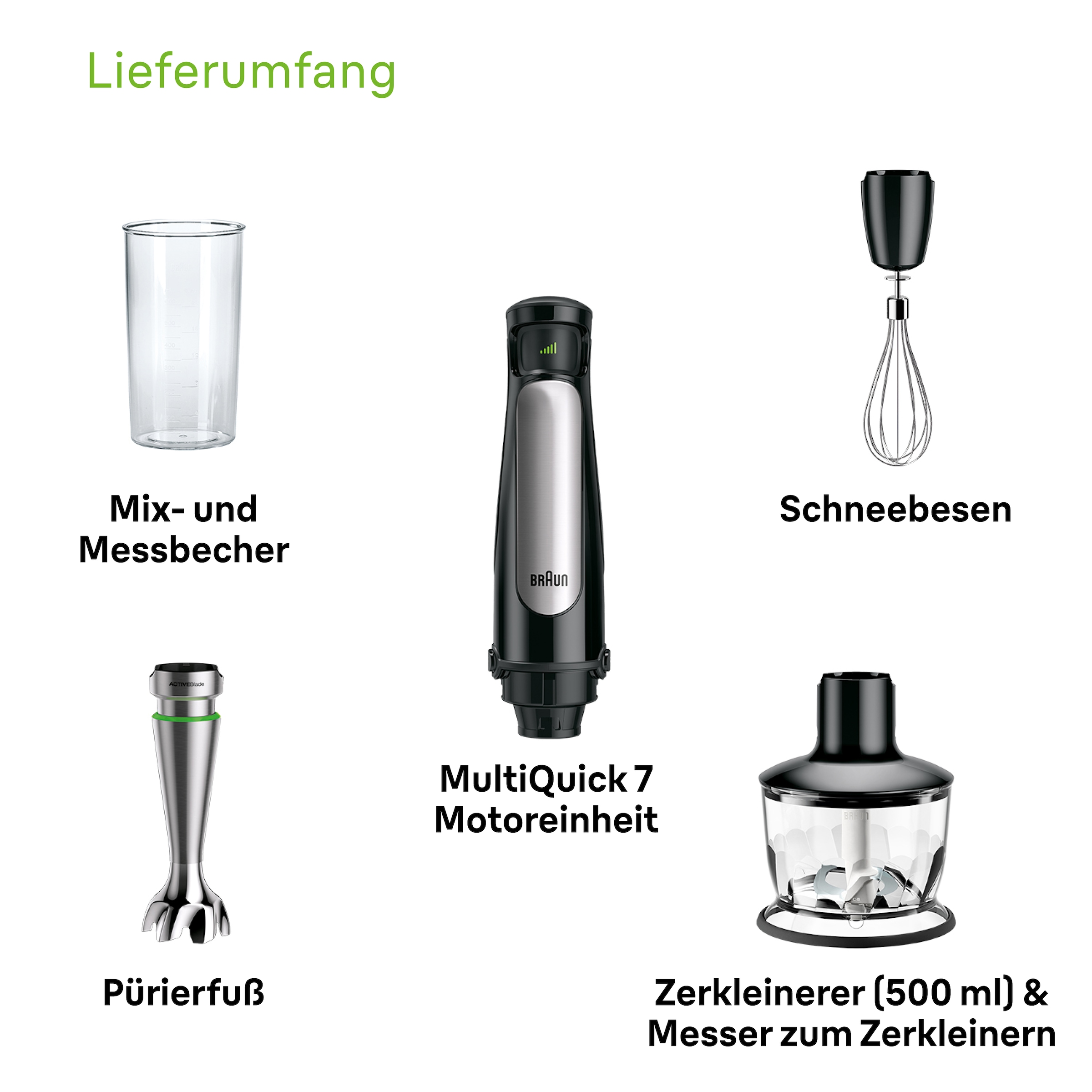 Braun Stabmixer »MultiQuick 7 MQ 7035X - 1000W, Stufenlosregulierbar, Dynamische Klinge«, 1000 W, Spritzschutz, Extra Mahlklinge, 500 ml Zerkleinerer, Schneebesen