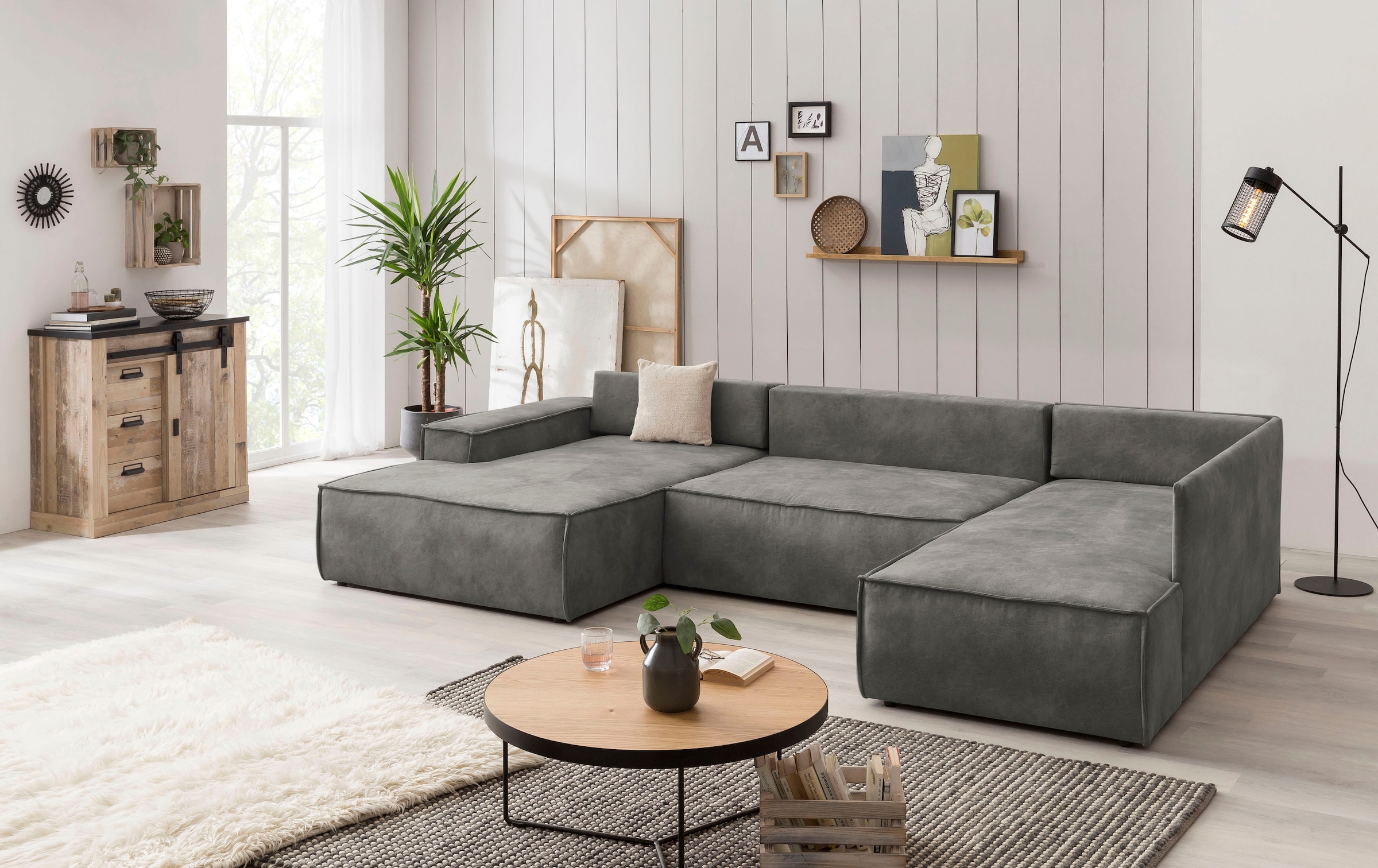 Home affaire Wohnlandschaft »SHERWOOD 329 cm, U-Form, Schlafsofa,«, Schlaffunktion m. Bettkasten (194x139 cm), Cord, Vintage, Samtvelours