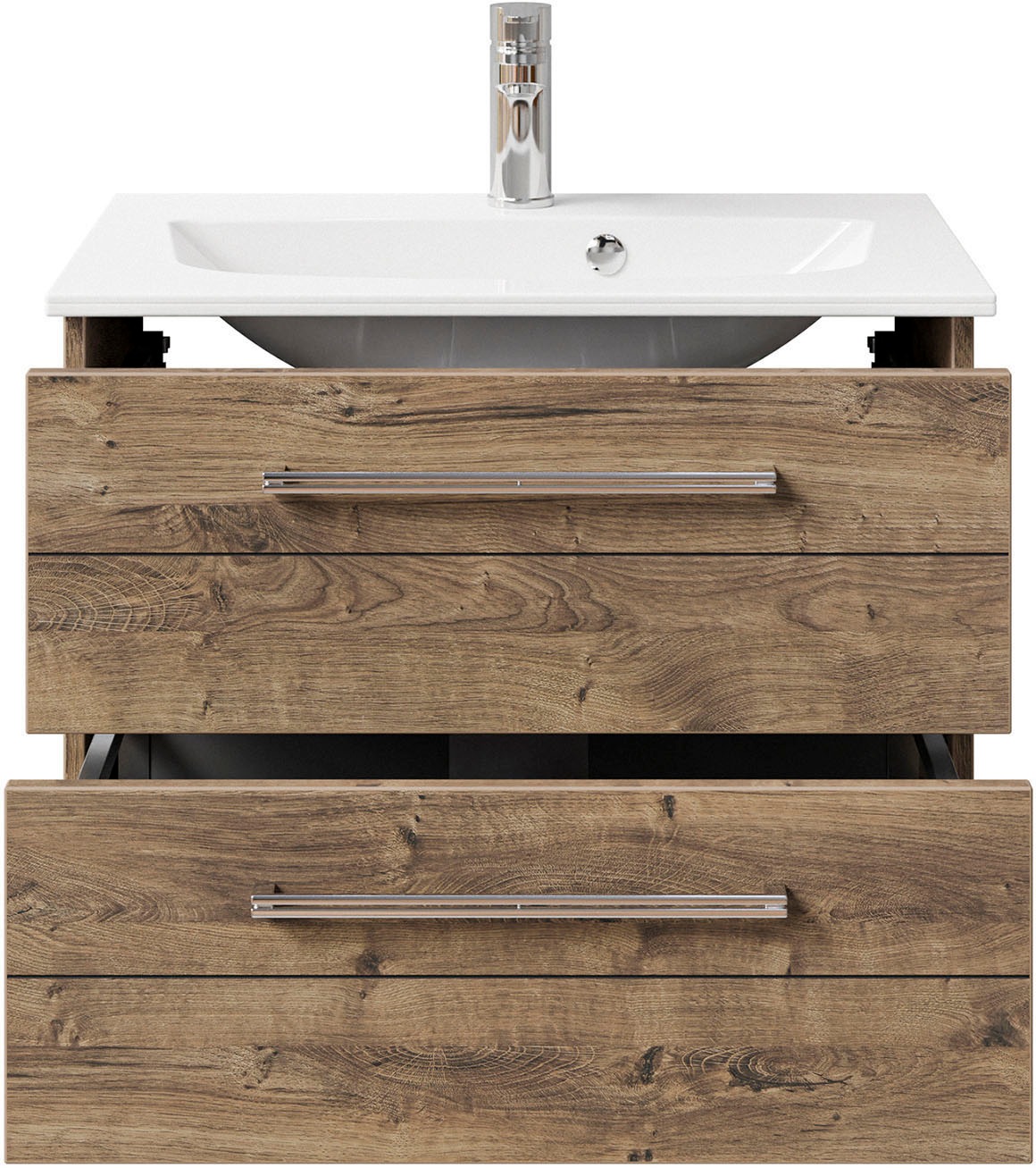Saphir Badmöbel-Set »Serie 6025 2-teilig Mineralmarmor-Waschtisch mit LED-Spiegelschrank«, (2 St.), Waschplatz 67 cm breit, 2 Schubladen, 2 Spiegel-Türen, inkl Türdämpfer