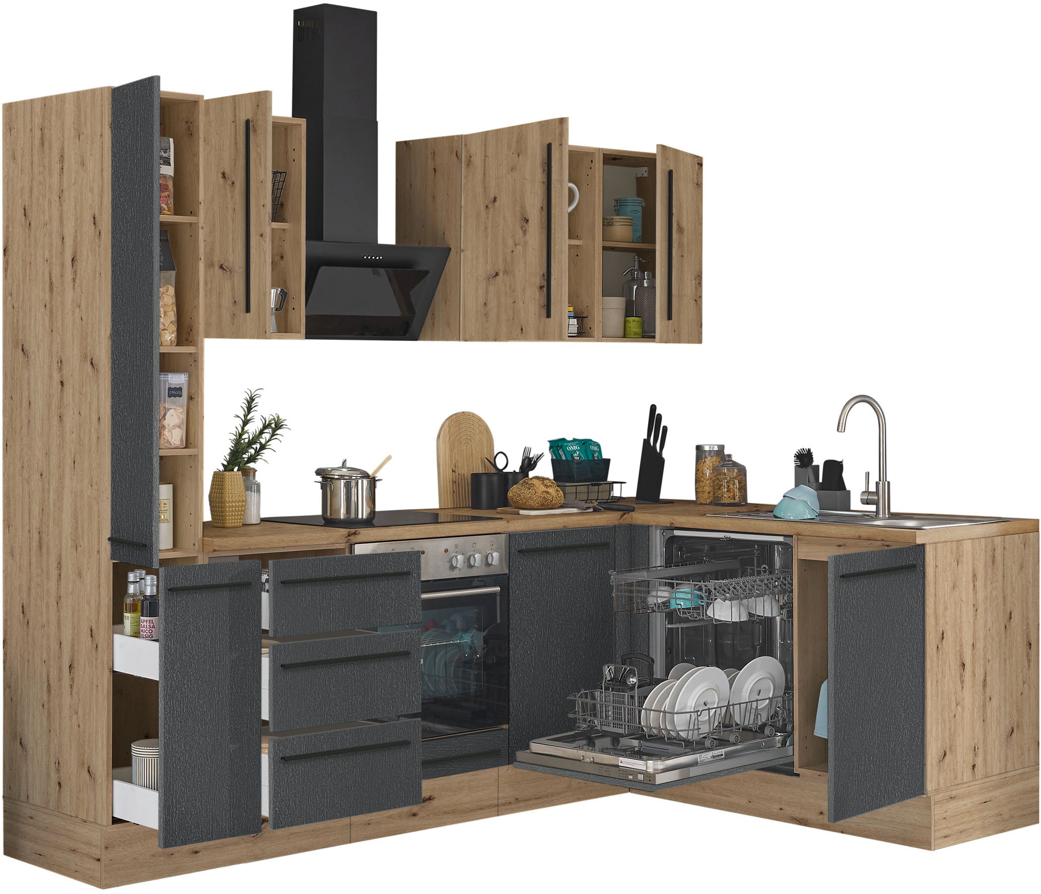 KOCHSTATION Winkelküche »Florida, Stellbreite 250x165 cm« wahlweise mit E-Geräten, mit Softclose für Türen und Schubkästen