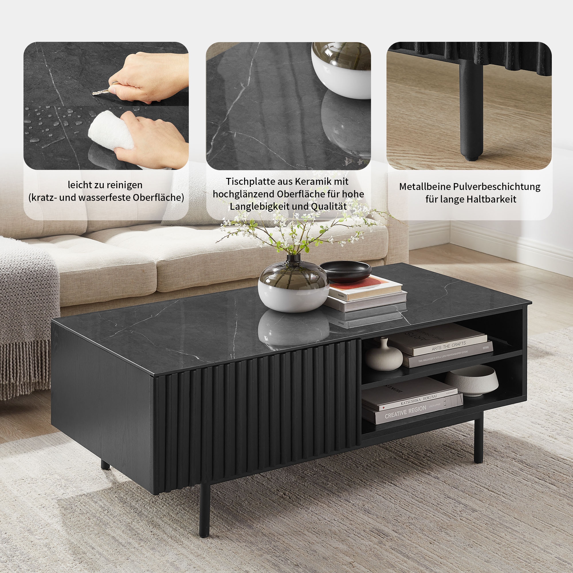 OTTO home Couchtisch »Candise« Keramikplatte, robustem Gestell und FSC-Holz, Breite 120 cm