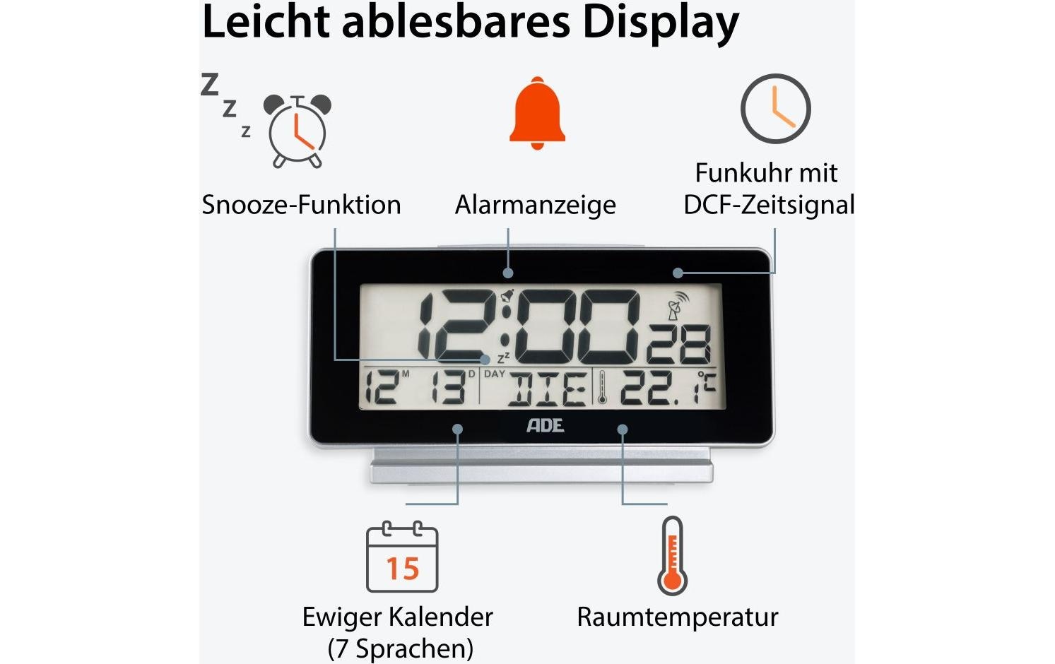 ADE Wecker »Temperatur-& Datumsanzeige« Holzart: Bambus