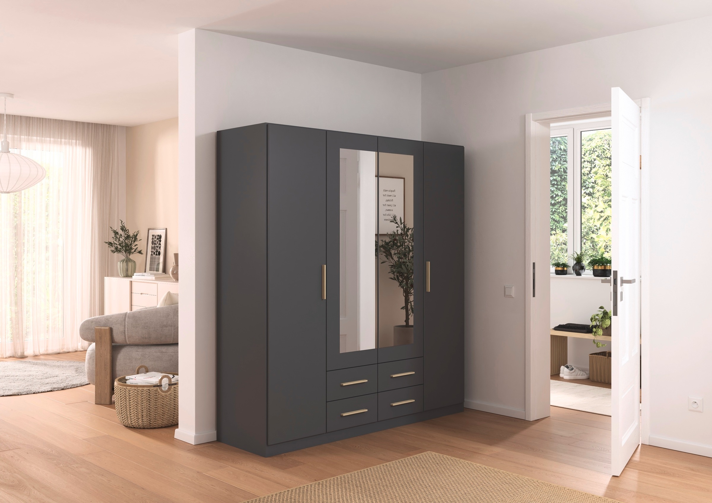 rauch Drehtürenschrank »Kleiderschrank Schrank Garderobe KREFELD optional mit Spiegel«, mit 3 Griff-Varianten, inkl. praktischen Schubladen MADE IN GERMANY