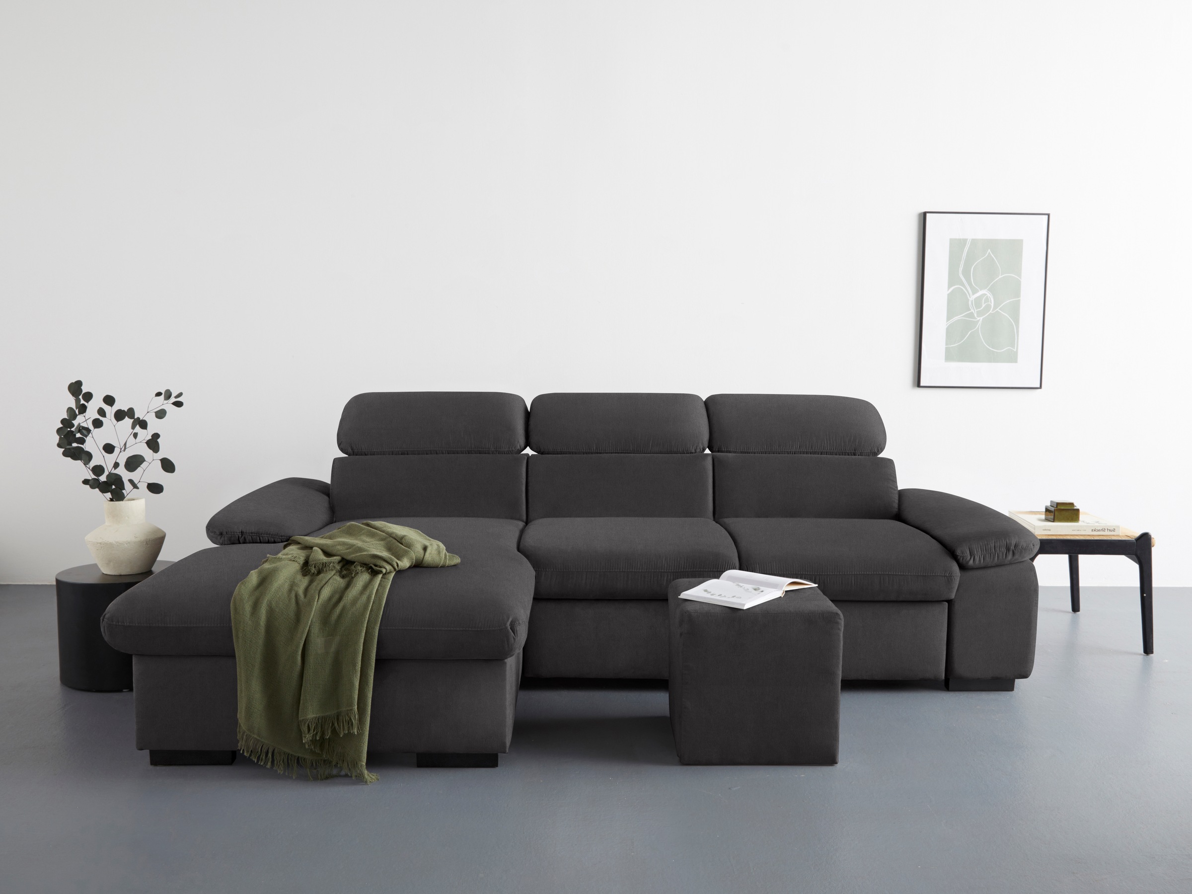 COTTA Ecksofa »Lola L-Form mit Kopfteilfunktion & Hocker«, (Set, mit Hocker), wahlweise mit Bettfunktion, Bettkasten & Armteilverstellung