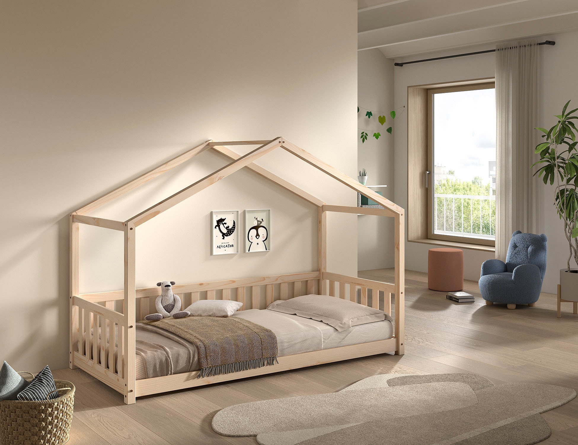 Vipack Hausbett »Dallas, Massivholzbett mit Dachaufbau umbaubar vom Boden- zum Daybett« inkl. Rolllattenrost und Sprossenumrandung, 90 oder 140x200 cm breit,  stabil und standfest gebaut, wahlweise Kiefer massiv natur oder weiß
